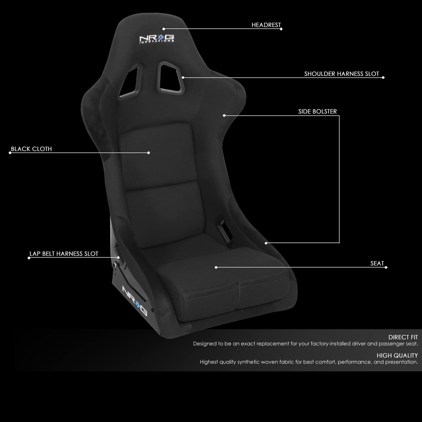 NRG Innovations NRG-FRP-310E Fiber Glass Fixed Back Bucket Racing Seat (Medium), 4 pt Harness Compatibility, Black Seat Cover, 20"W X 18.5" D X 36" H