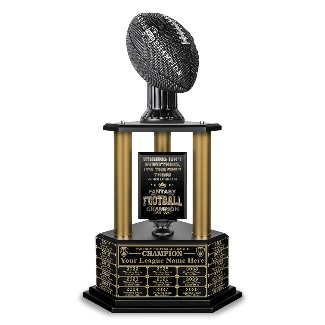 TrophySmack Fantasy Football Trophy, Championship Award - Engravings Included with Up to 19 Years Past Winners, 26 Inch Tall (Black Football, Gold Columns, Winning is Everything)