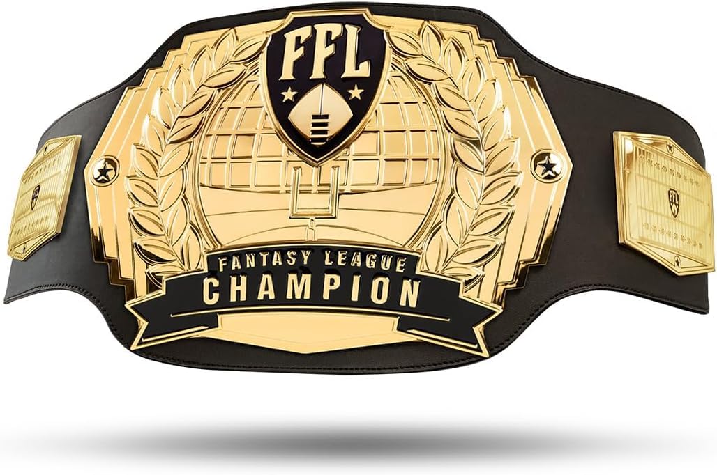 TrophySmack Fantasy Football Championship Belt – 12-Year Perpetual – 6lb Customizable Championship Belt with Free Engravings, 5 Metal Plates and Engineered Leather (Gold Plates | No Engravings)