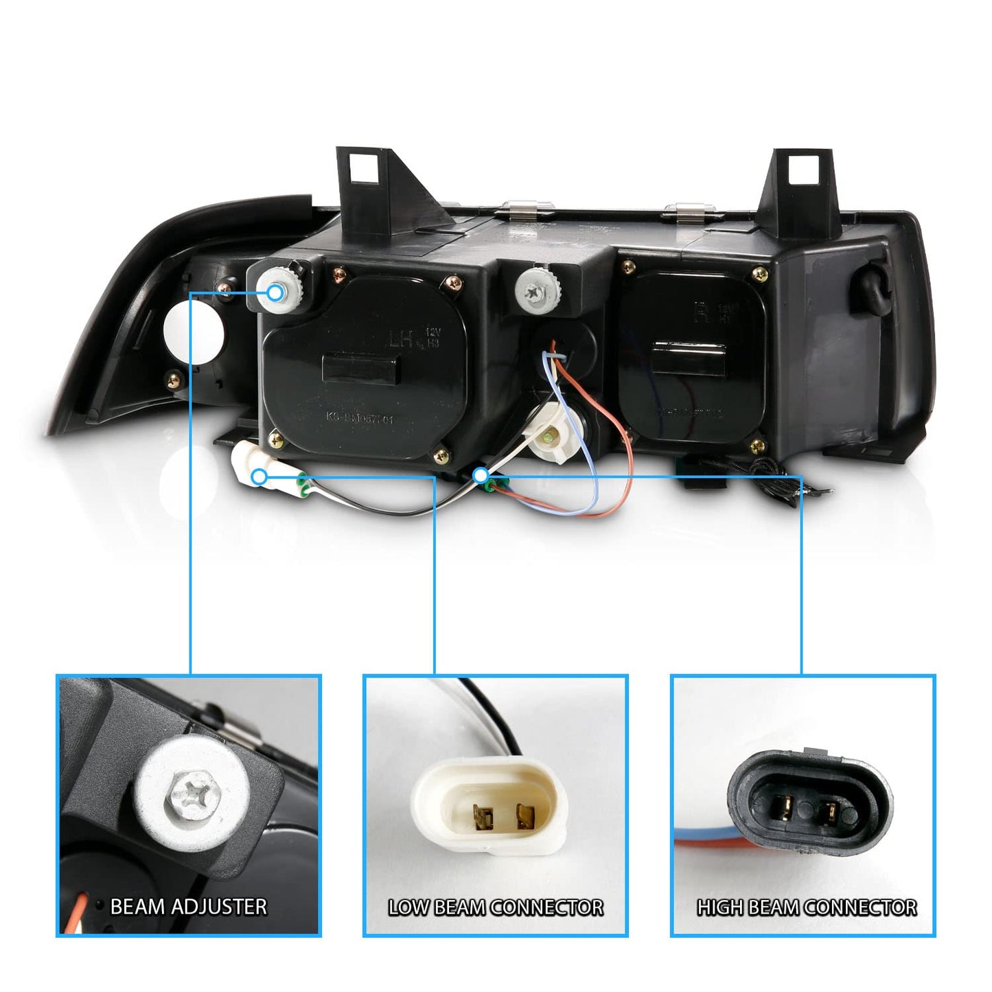 AmeriLite for 1992-1999 BMW 3 Series E36 2-Door Trims 1pc LED Halos Black Projector Headlights Pair - Passenger and Driver Side