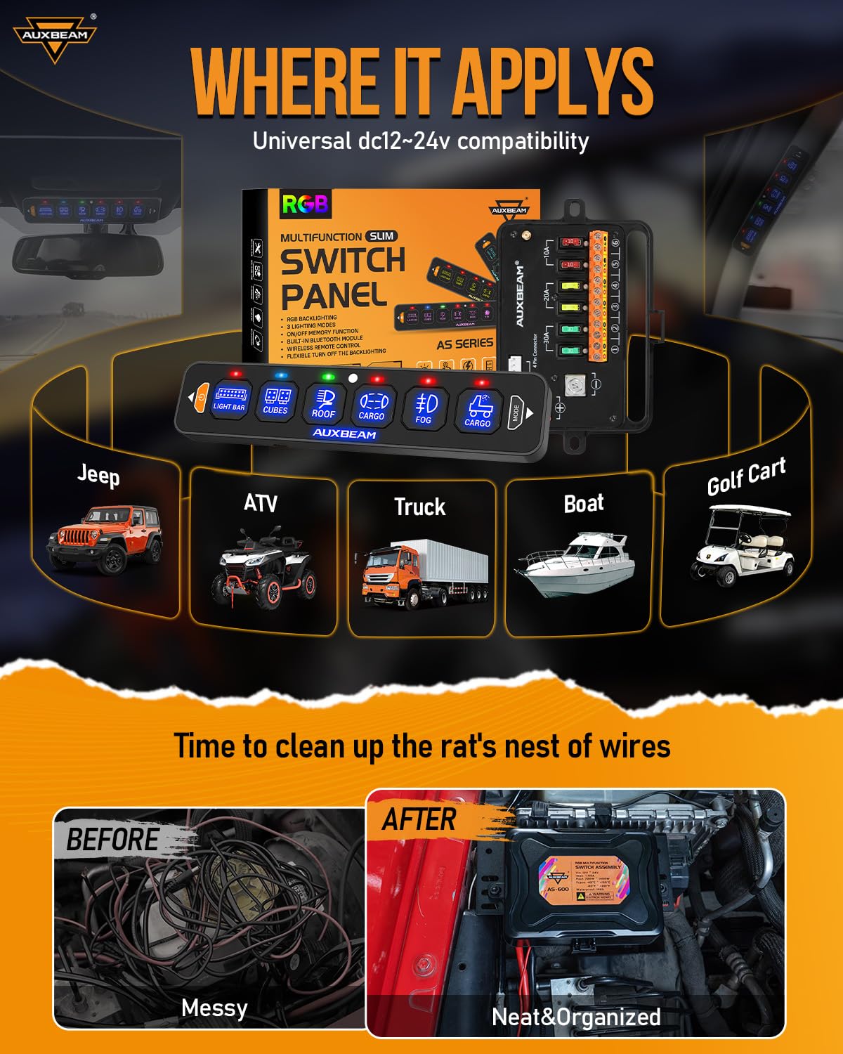 Auxbeam 6 Gang Slim Switch Panel Bluetooth RGB AS-600 with APP&Wireless Remote Control Toggle Momentary Pulsed Dimmable Pod Backlit Off Switch Box for Offroad Truck Waterproof,2-Year Warranty