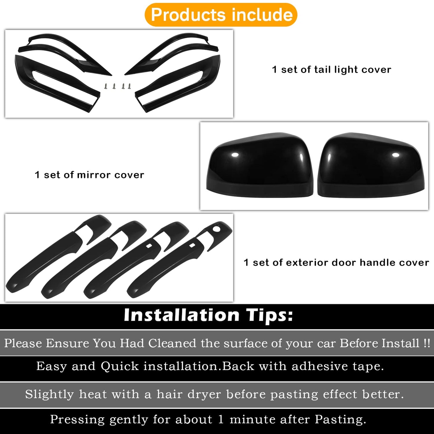 Tail Light Lamp Cover & Mirror Covers & Door Handle Covers Trim Bezel Glossy Cover Trim Exterior Accessories For Jeep Grand Cherokee 2014-2021(Black)