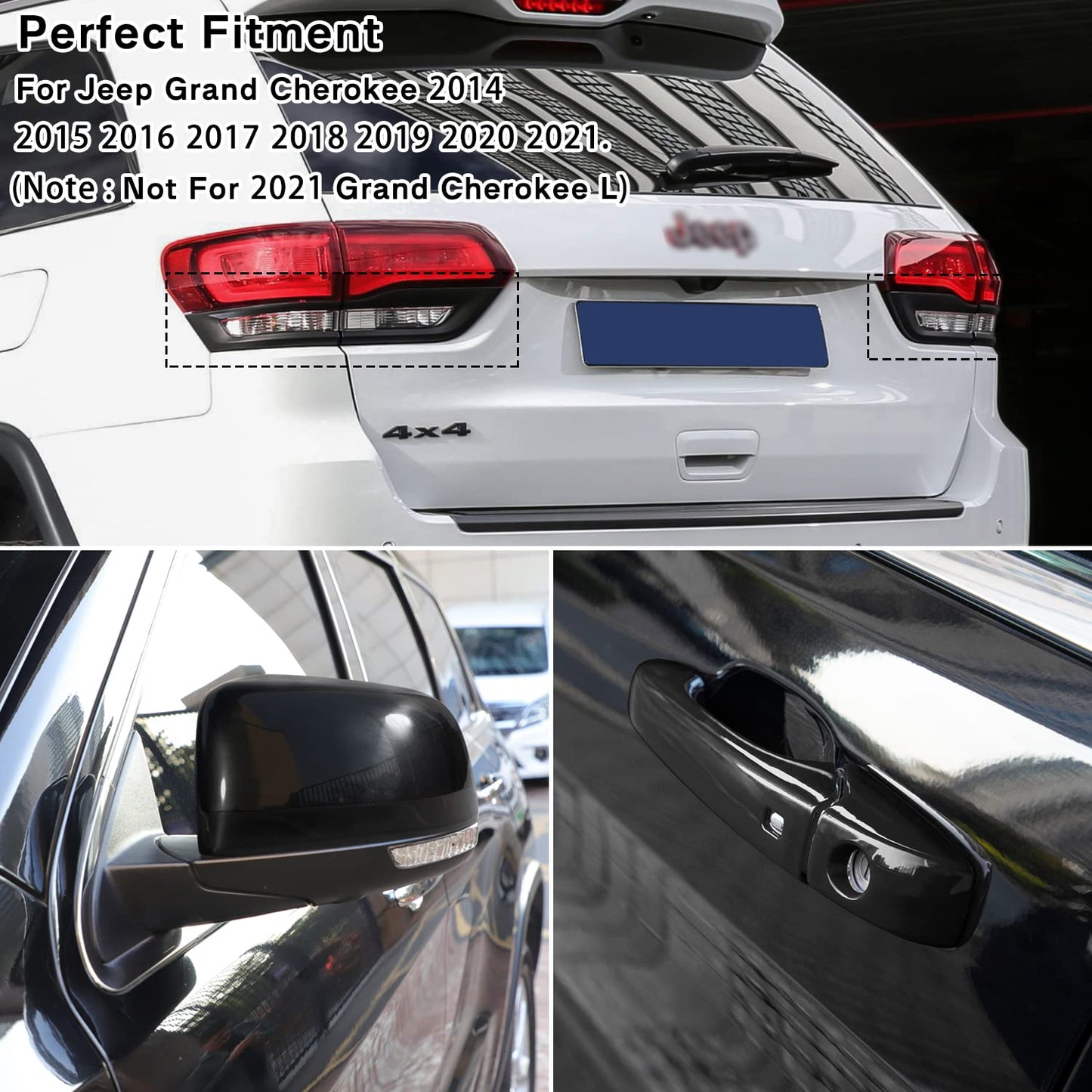 Tail Light Lamp Cover & Mirror Covers & Door Handle Covers Trim Bezel Glossy Cover Trim Exterior Accessories For Jeep Grand Cherokee 2014-2021(Black)