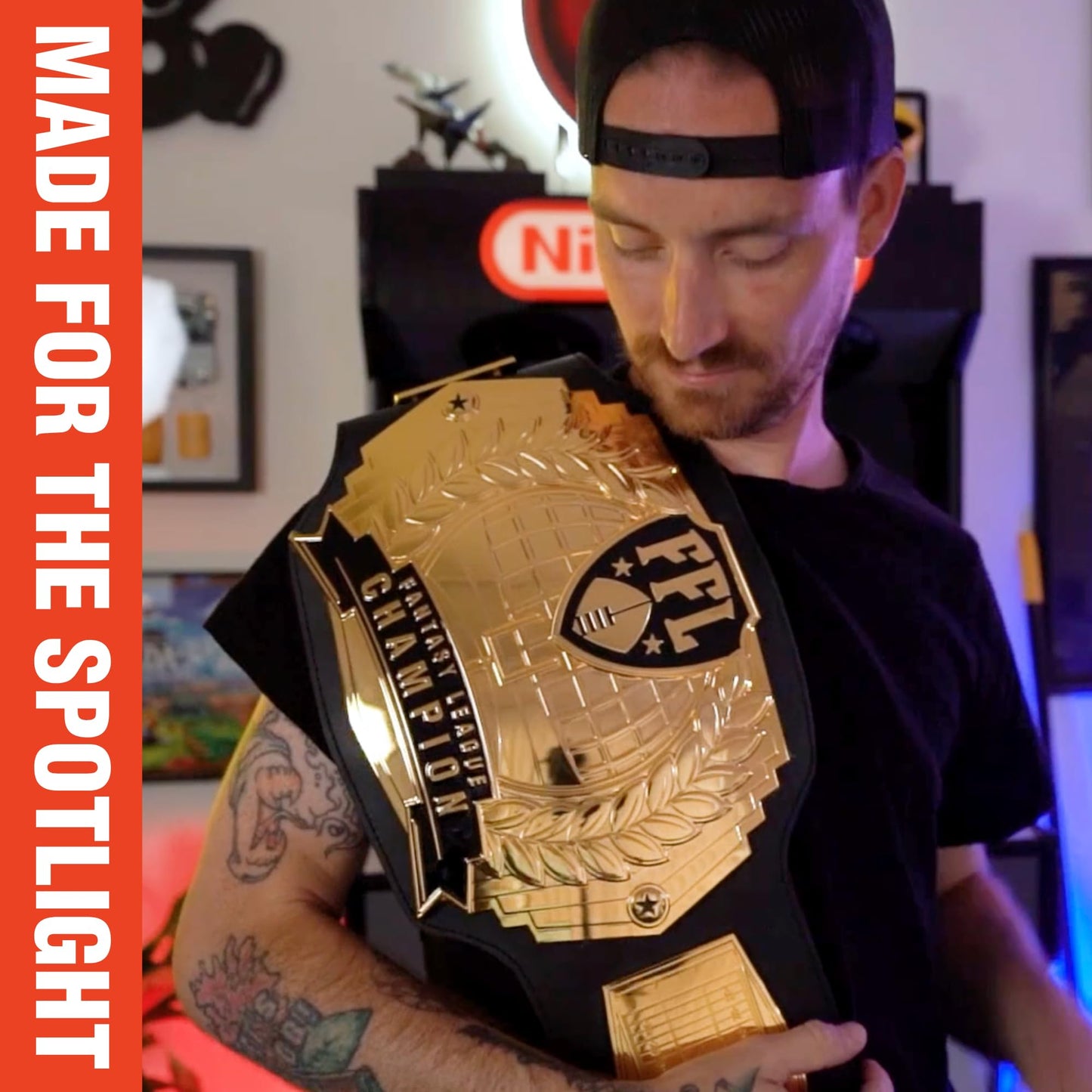 TrophySmack Fantasy Football Championship Belt – 12-Year Perpetual – 6lb Customizable Championship Belt with Free Engravings, 5 Metal Plates and Engineered Leather (Gold Plates | No Engravings)