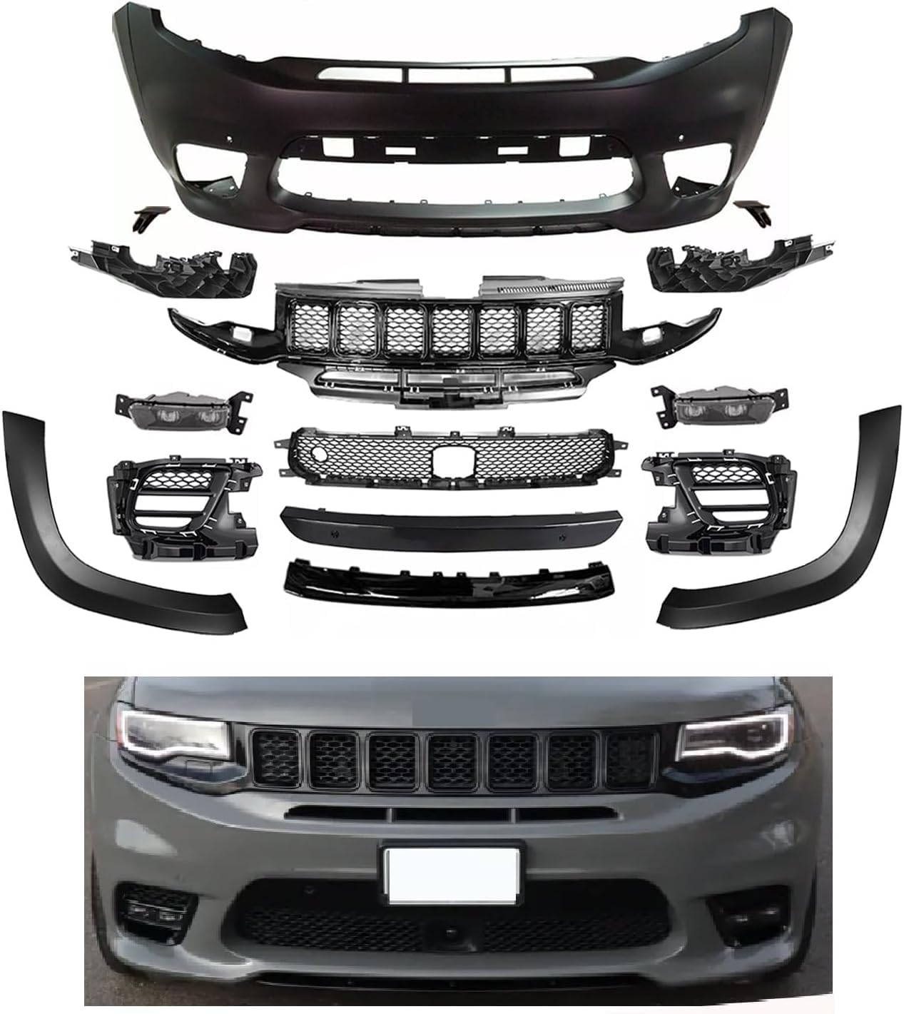 Front Complete Bumper Grille Assembly Compatible With 2017 2018 2019 2020 2021 Je-ep Grand Cherokee SRT8,w/DRL