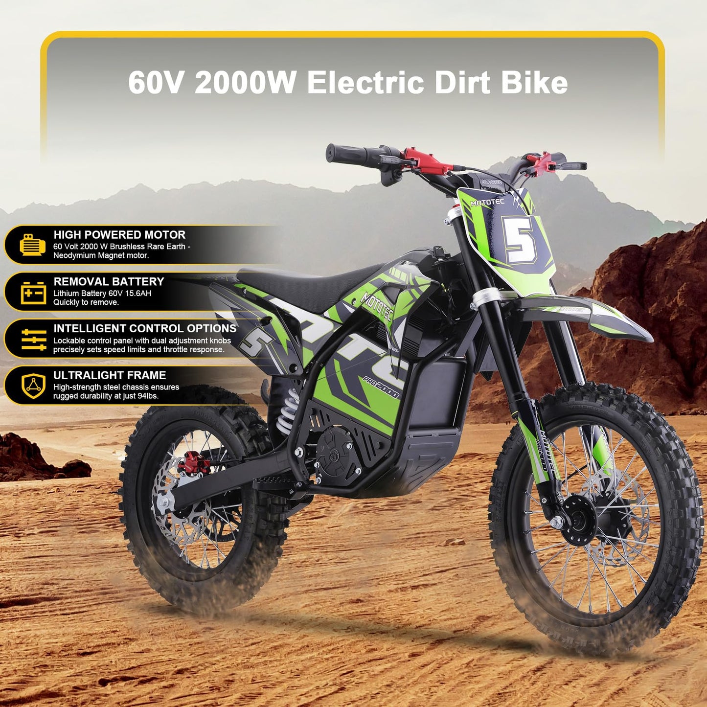 MotoTec 60v Pro Electric Dirt Bike 2000w Lithium Green
