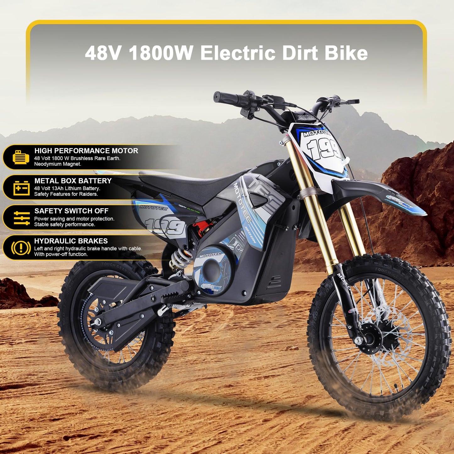 MotoTec 48v Pro Electric Dirt Bike 1800w Lithium Blue