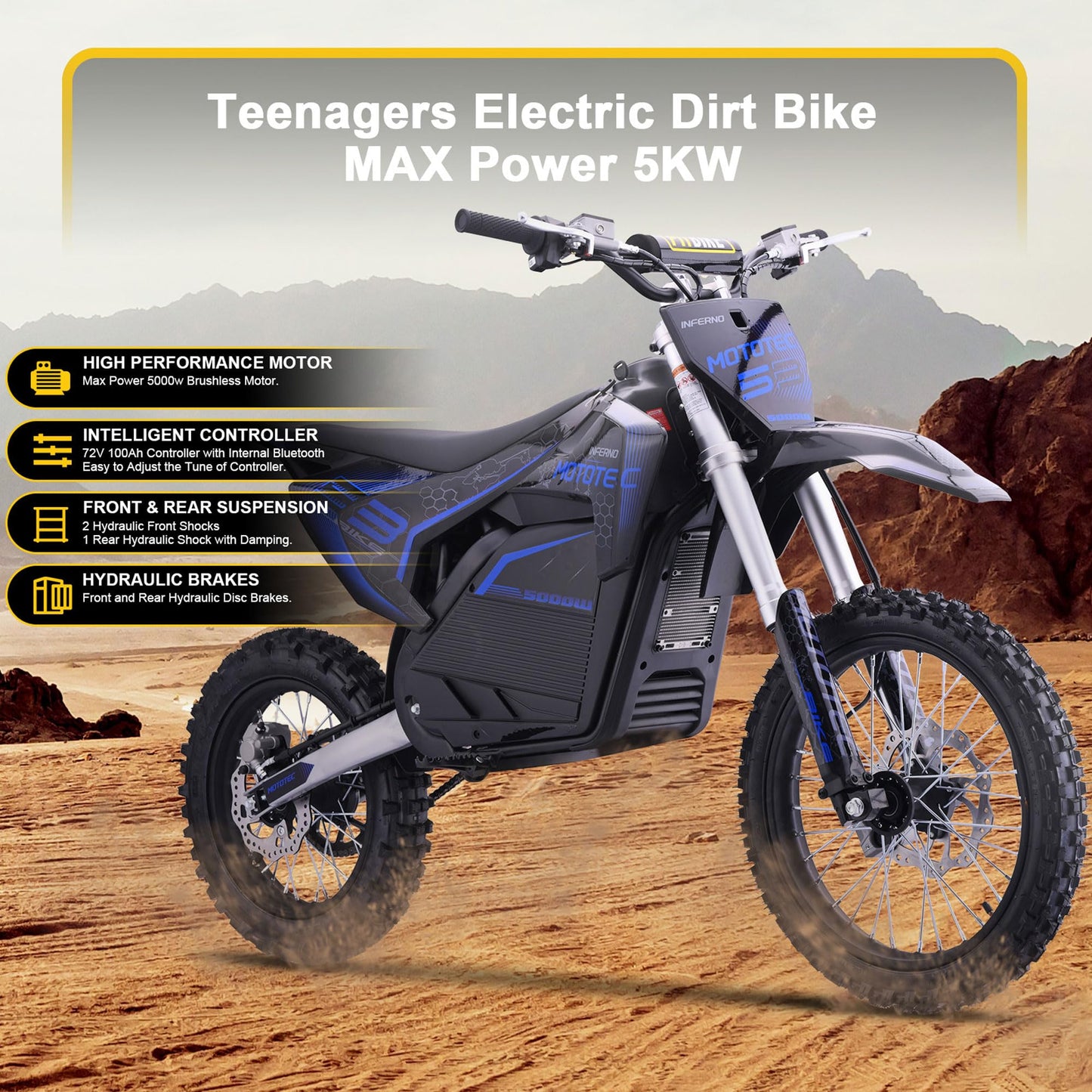 MotoTec 72v Pro Electric Dirt Bike 5000w Lithium Blue
