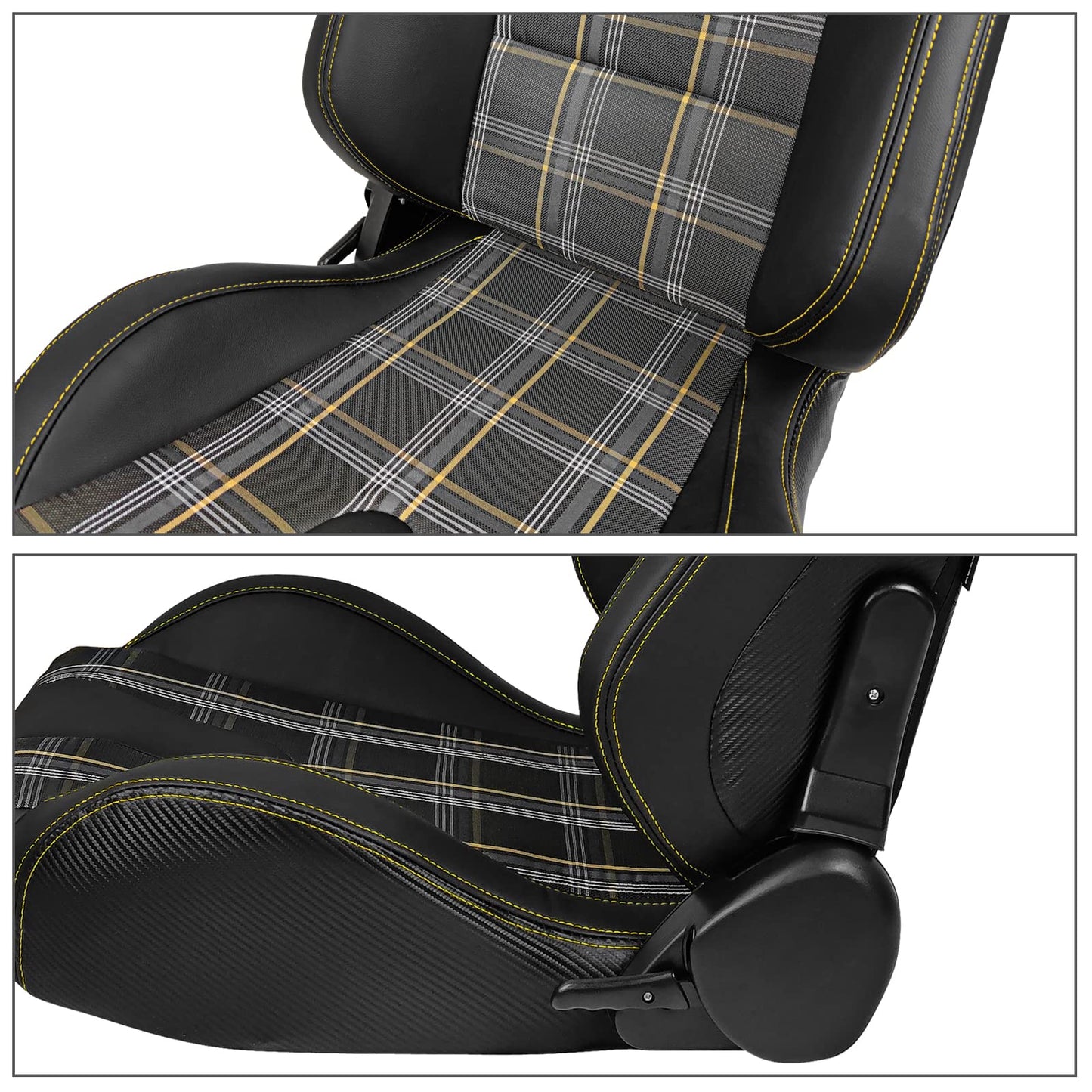 IKON MOTORSPORTS, Universal Racing Seats Pair with Dual Sliders, PU & Yellow Plaid Fabric & Carbon Leather Reclinable Left Right