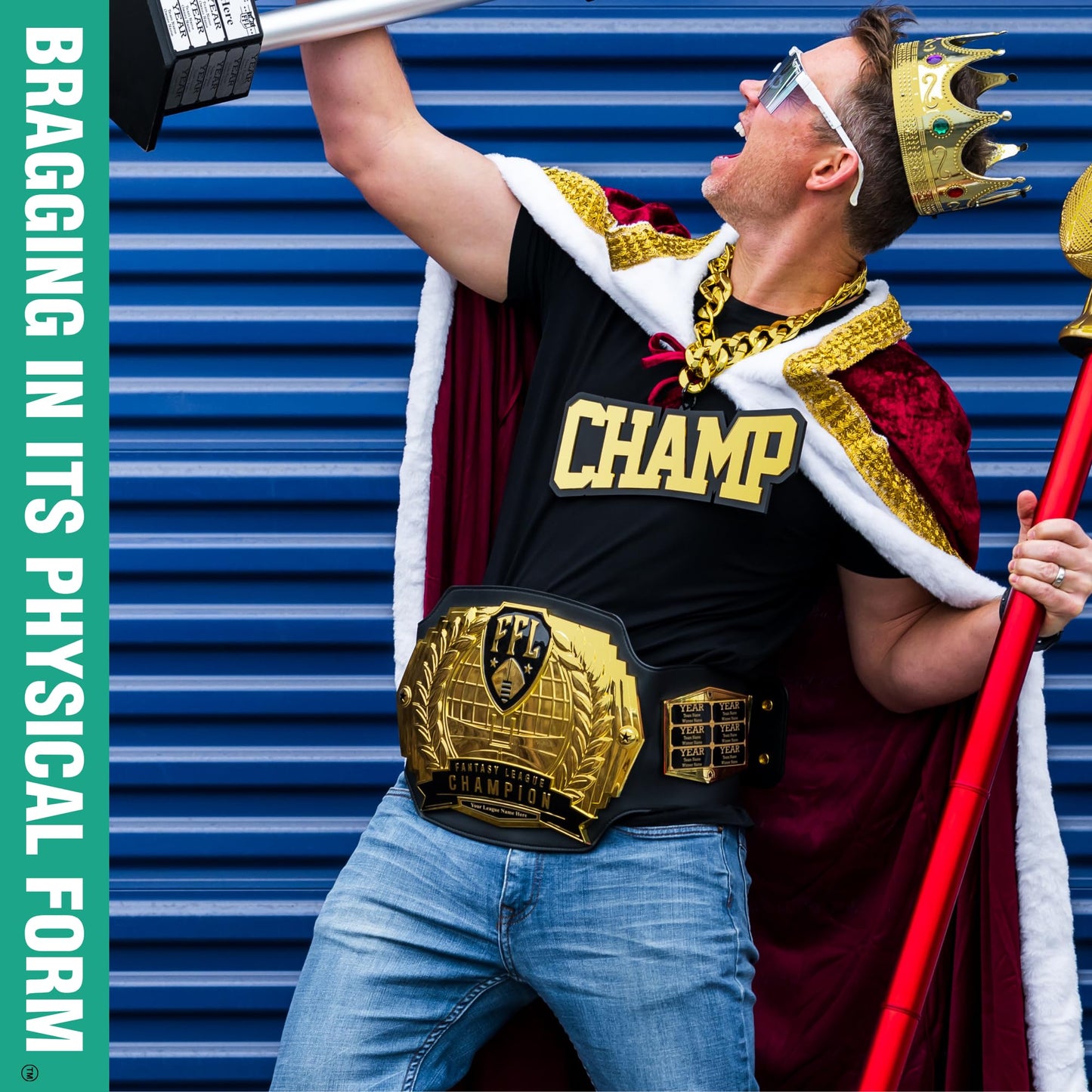 TrophySmack Fantasy Football Championship Belt – 12-Year Perpetual – 6lb Customizable Championship Belt with Free Engravings, 5 Metal Plates and Engineered Leather (Gold Plates | No Engravings)
