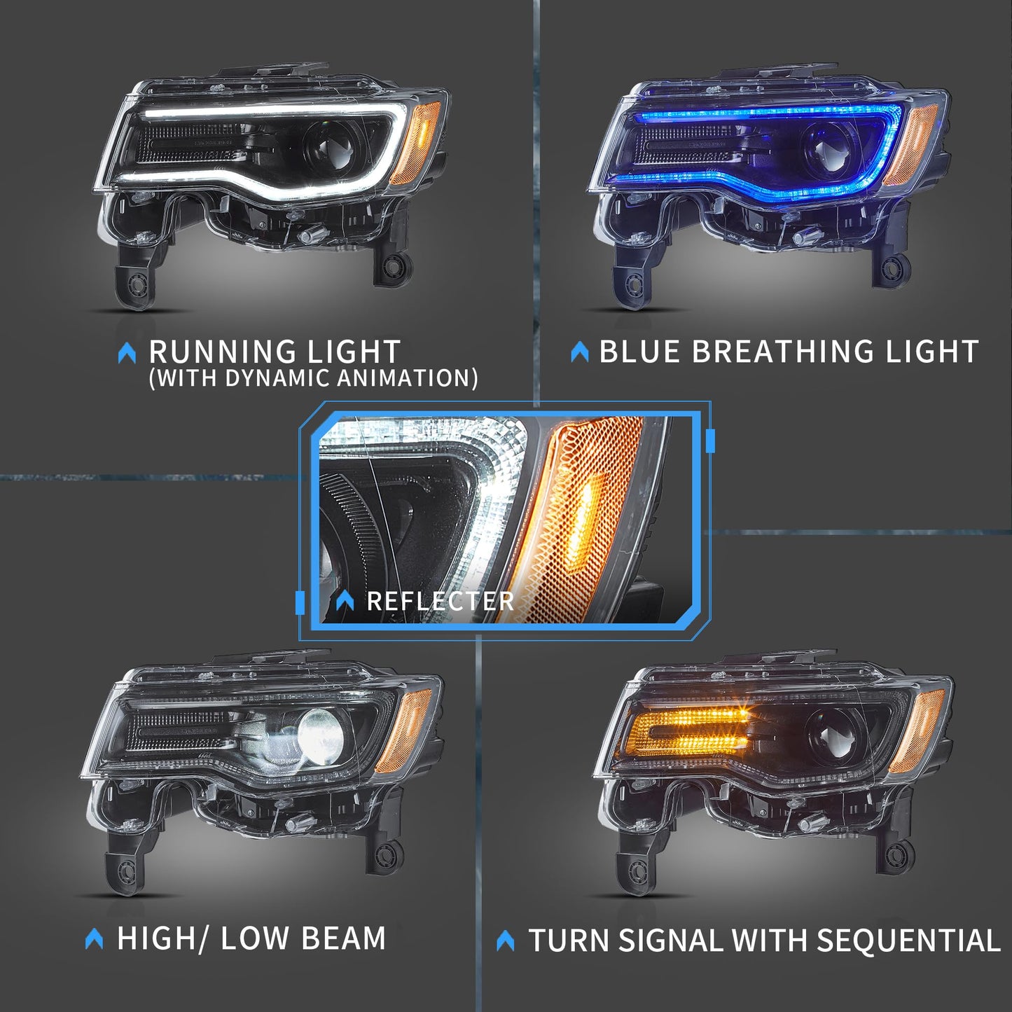 VLAND Projector Headlights Compatible with Jeep Grand Cherokee WK2 2014-2021 4th Gen All Models, Front Lamp Assembly Sold as a PAIR, Black