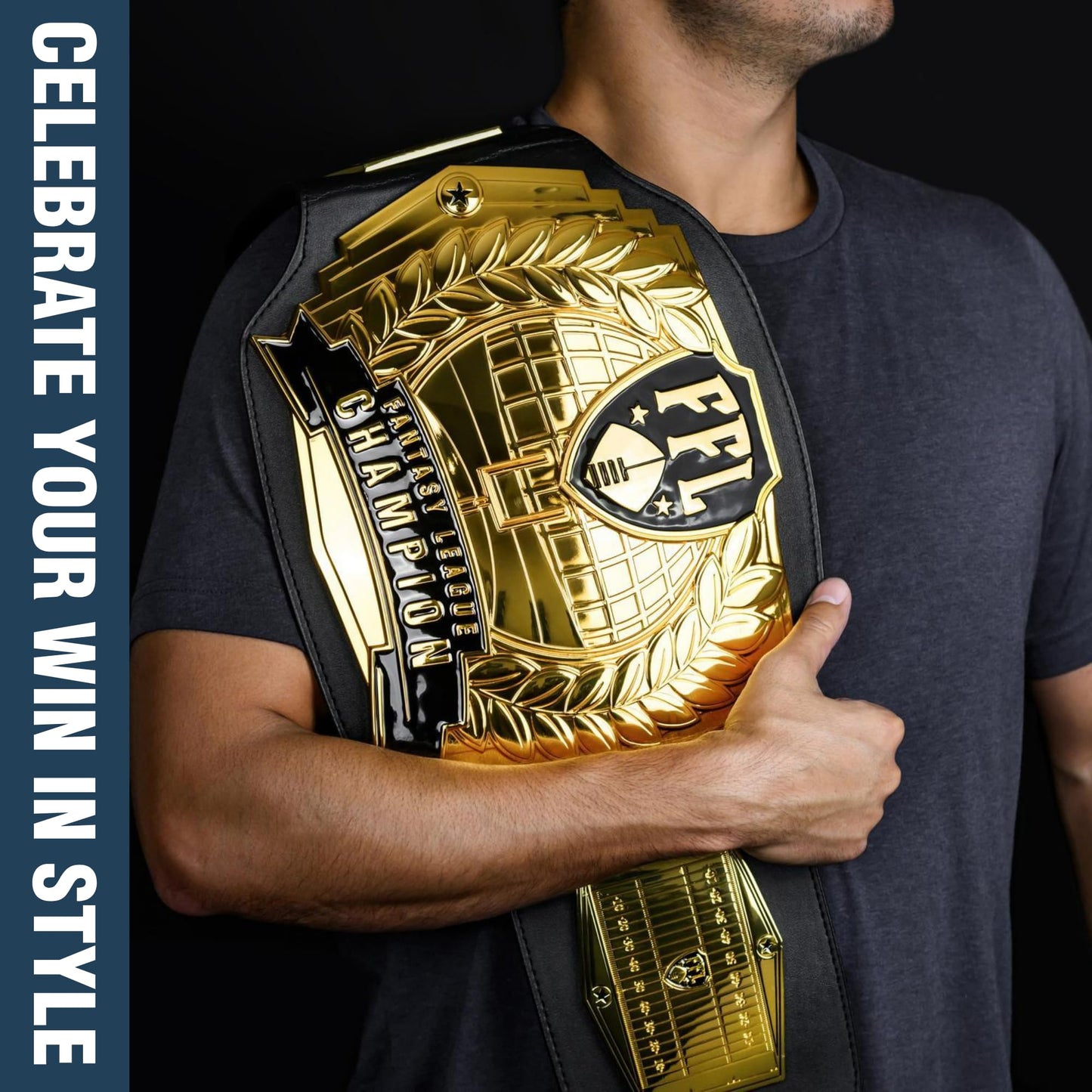 TrophySmack Fantasy Football Championship Belt – 12-Year Perpetual – 6lb Customizable Championship Belt with Free Engravings, 5 Metal Plates and Engineered Leather (Gold Plates | No Engravings)