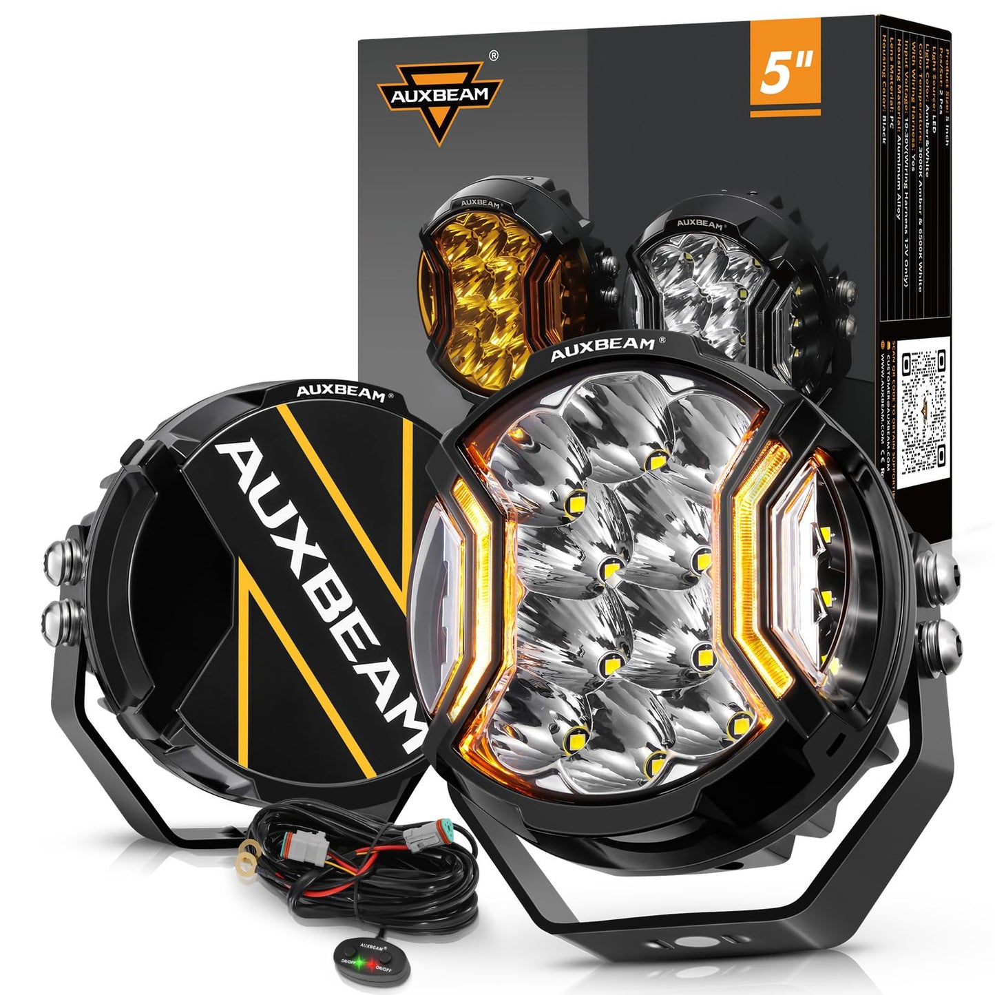 Auxbeam V-Ultra Series Side Shooter Light Bar, 5Inch 172W Round Offroad Lights LED Pods 20400LM, Amber DRL & Spotlight Dual Color 270° Wider Off Road Lighting with Protective Covers, Pair