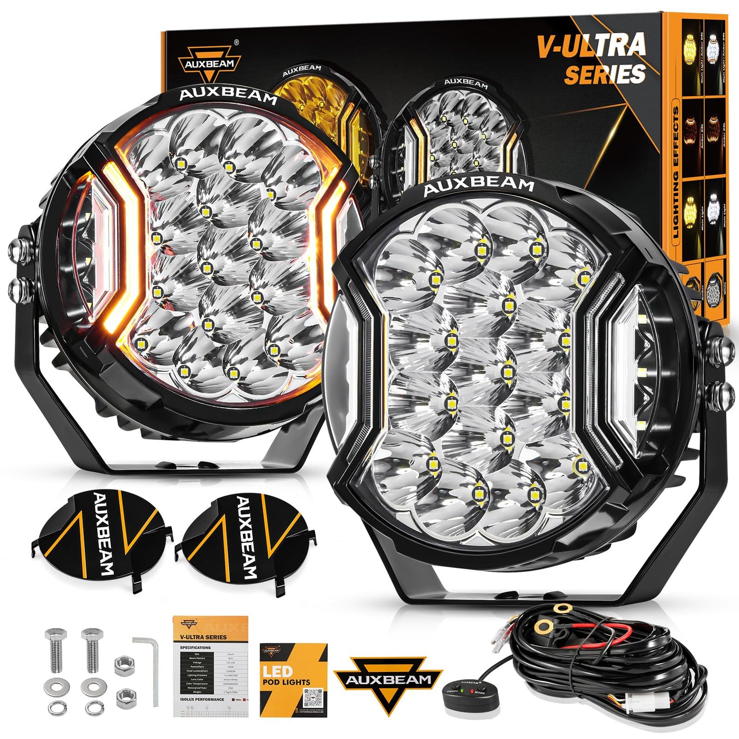 Auxbeam V-Ultra Series 7 Inch LED Side Shooter Light, 226W 26800LM Amber Hyper Spot Beam Offroad Round Lights with Amber DRL& Black Cover-4PCS