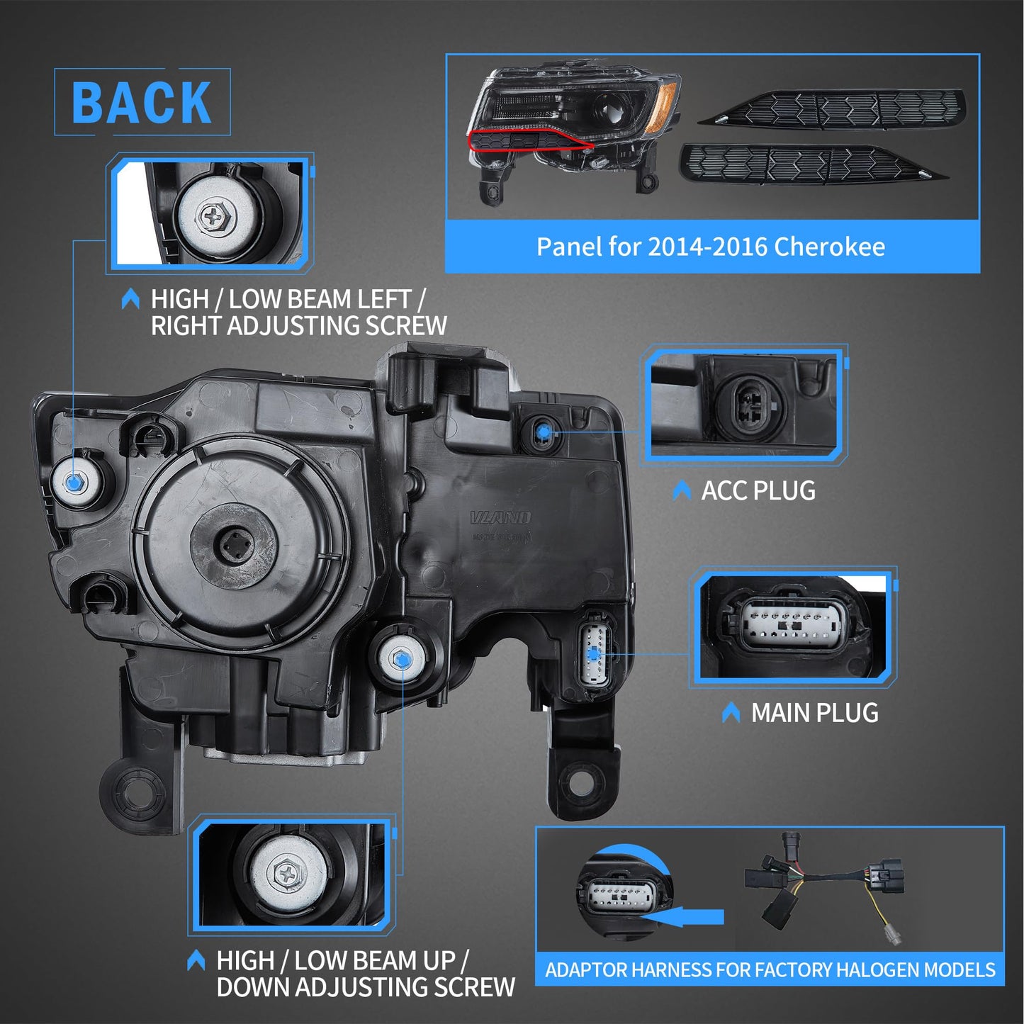 VLAND Projector Headlights Compatible with Jeep Grand Cherokee WK2 2014-2021 4th Gen All Models, Front Lamp Assembly Sold as a PAIR, Black