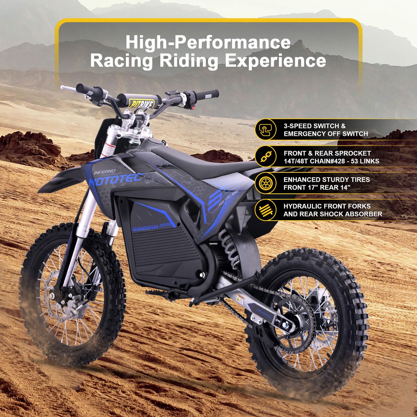 MotoTec 72v Pro Electric Dirt Bike 5000w Lithium Blue