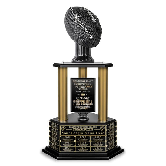 TrophySmack Fantasy Football Trophy, Championship Award - Engravings Included with Up to 19 Years Past Winners, 26 Inch Tall (Black Football, Gold Columns, Winning is Everything)