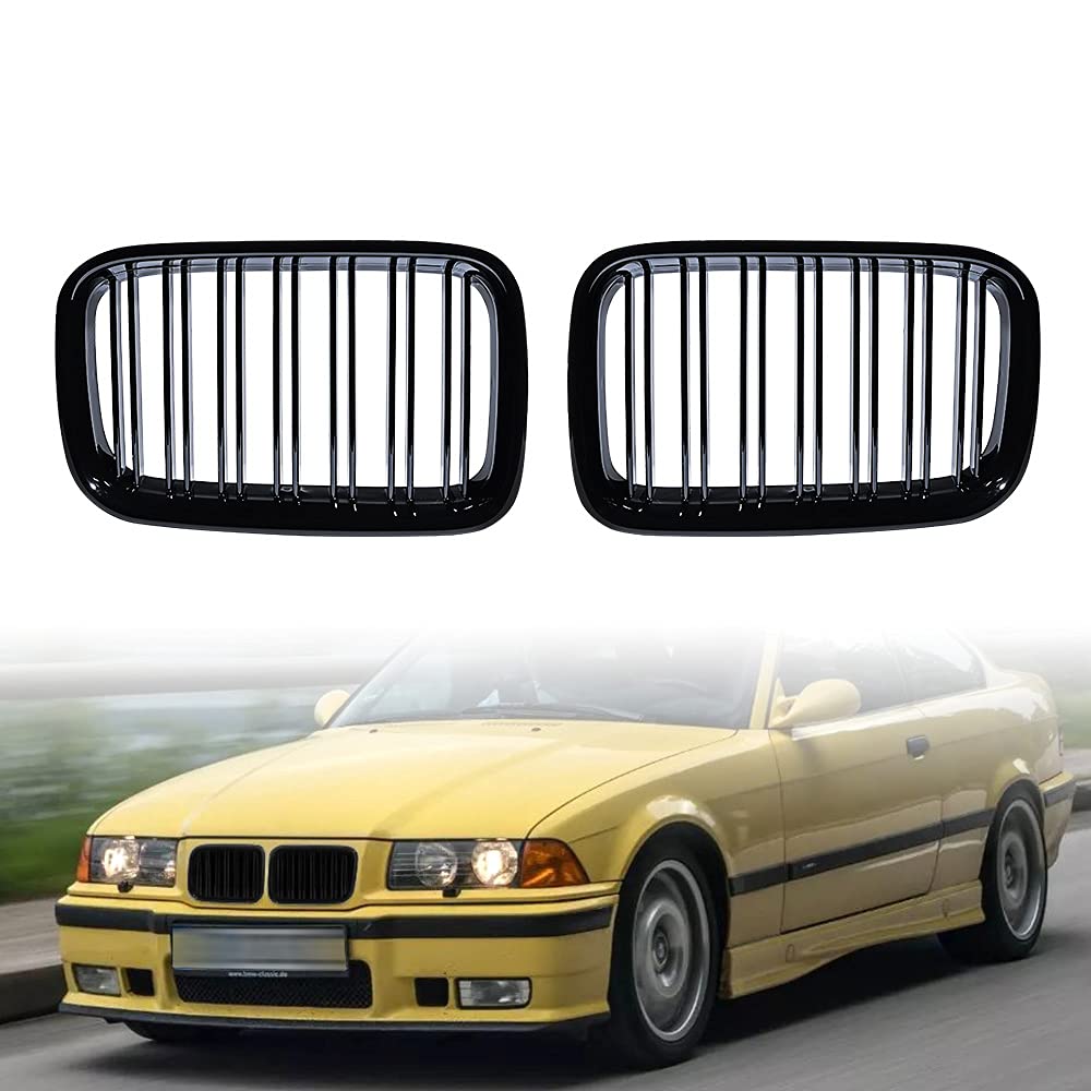 Front Upper Shiny Glos Black Kidney Grille Grill Driver&Passenger Side Compatible with Compatible with 1992-1996 BMW E36 3-series (pre-facelift)