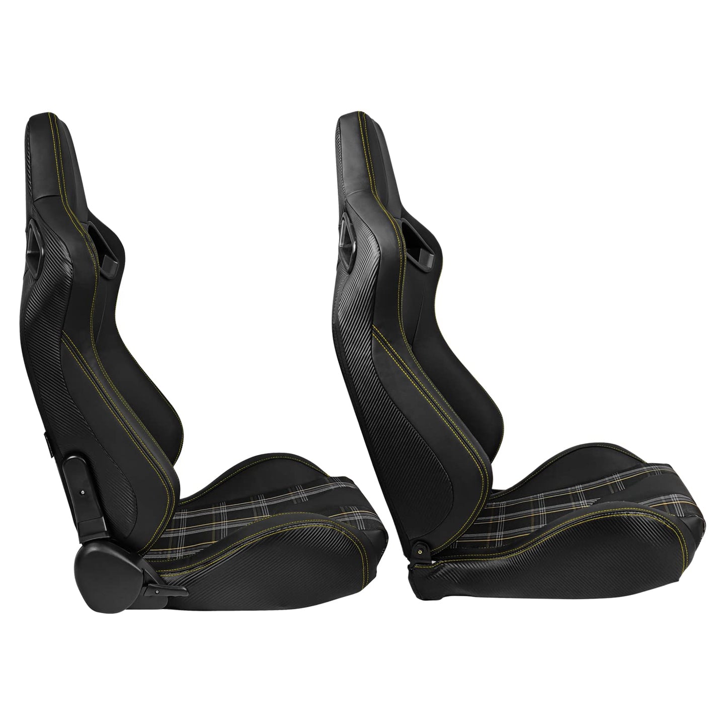 IKON MOTORSPORTS, Universal Racing Seats Pair with Dual Sliders, PU & Yellow Plaid Fabric & Carbon Leather Reclinable Left Right
