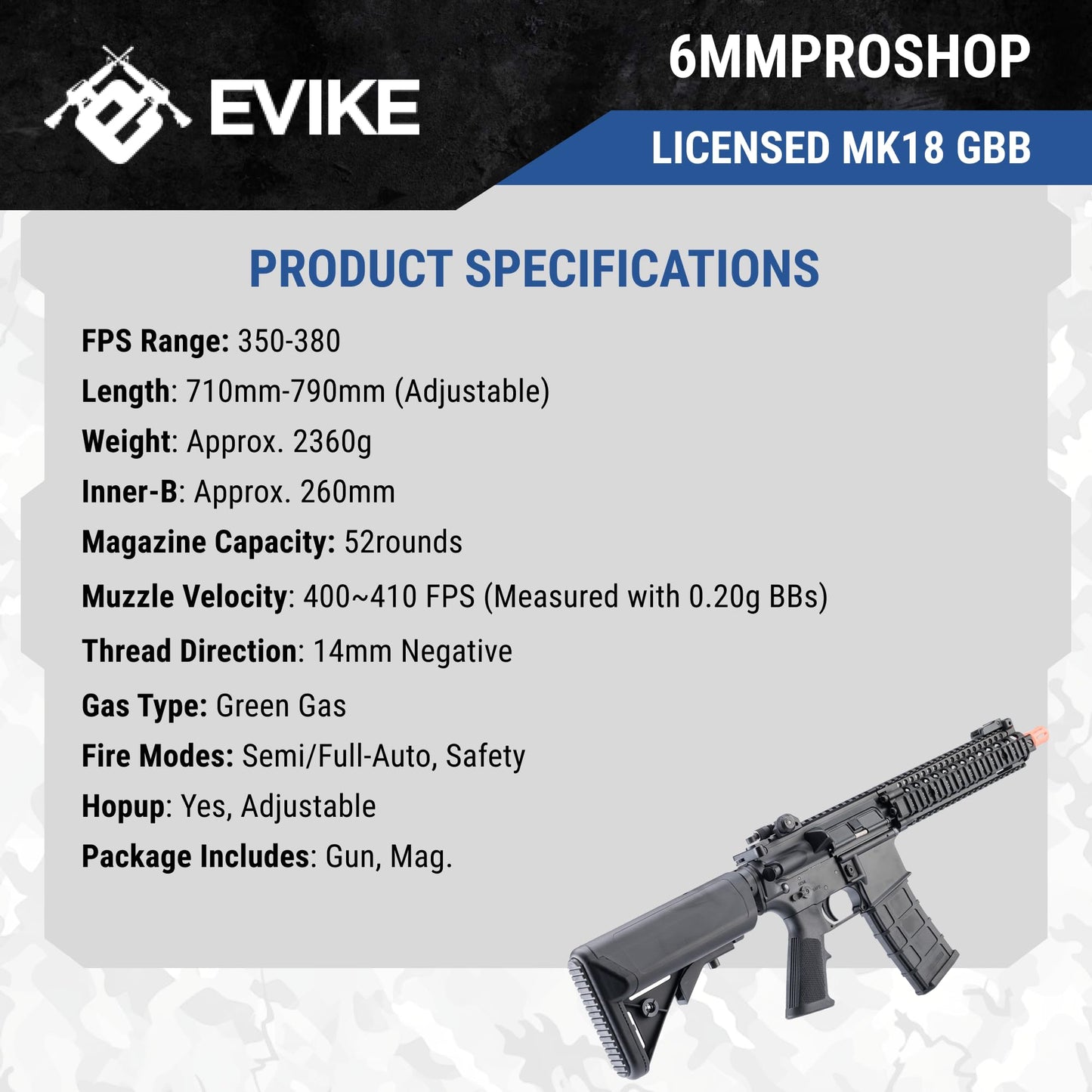 Evike Airsoft - 6mmProShop Daniel Defense Licensed MK18 Gas Blowback Airsoft Rifle by Golden Eagle (Color: Black)