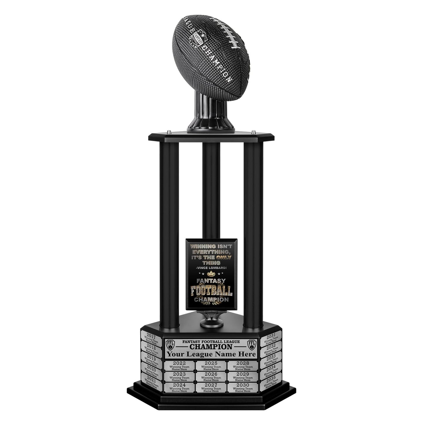 TrophySmack Fantasy Football Trophy - 19-Year Perpetual – 36” Customizable Championship Award with Free Engravings (Black Football | Black Metal Columns)
