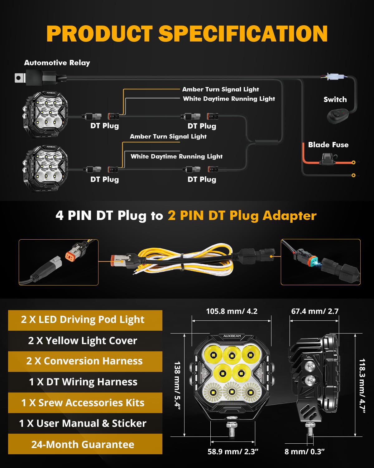 Auxbeam 4 Inch LED Driving Pod Light, Cube-Z Series 112W Cube Spot Flood Combo Beam with Amber Covers, 150° Ultra-Wide Offroad Pods 12800LM Hyper Bright with White DRL&Amber Turn Signal Light, Pair