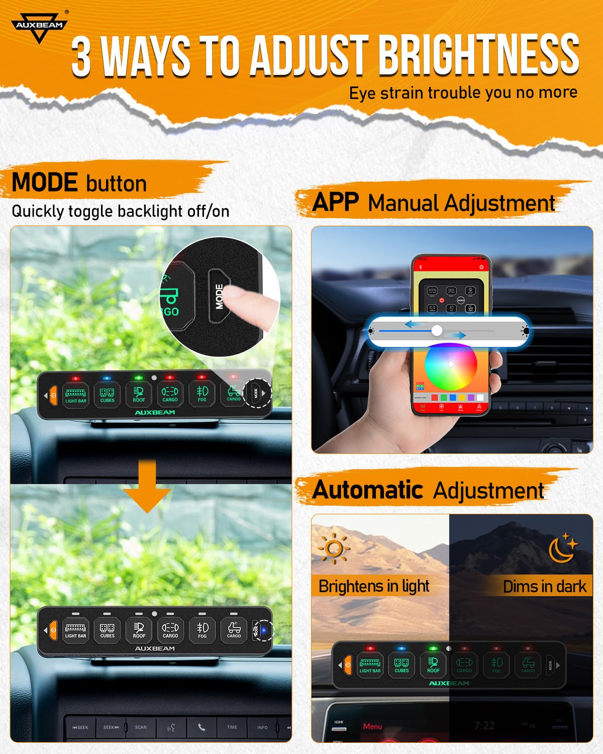 Auxbeam 6 Gang Slim Switch Panel Bluetooth RGB AS-600 with APP&Wireless Remote Control Toggle Momentary Pulsed Dimmable Pod Backlit Off Switch Box for Offroad Truck Waterproof,2-Year Warranty
