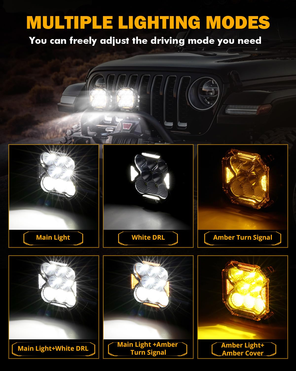 Auxbeam 4 Inch LED Driving Pod Light, Cube-Z Series 112W Cube Spot Flood Combo Beam with Amber Covers, 150° Ultra-Wide Offroad Pods 12800LM Hyper Bright with White DRL&Amber Turn Signal Light, Pair