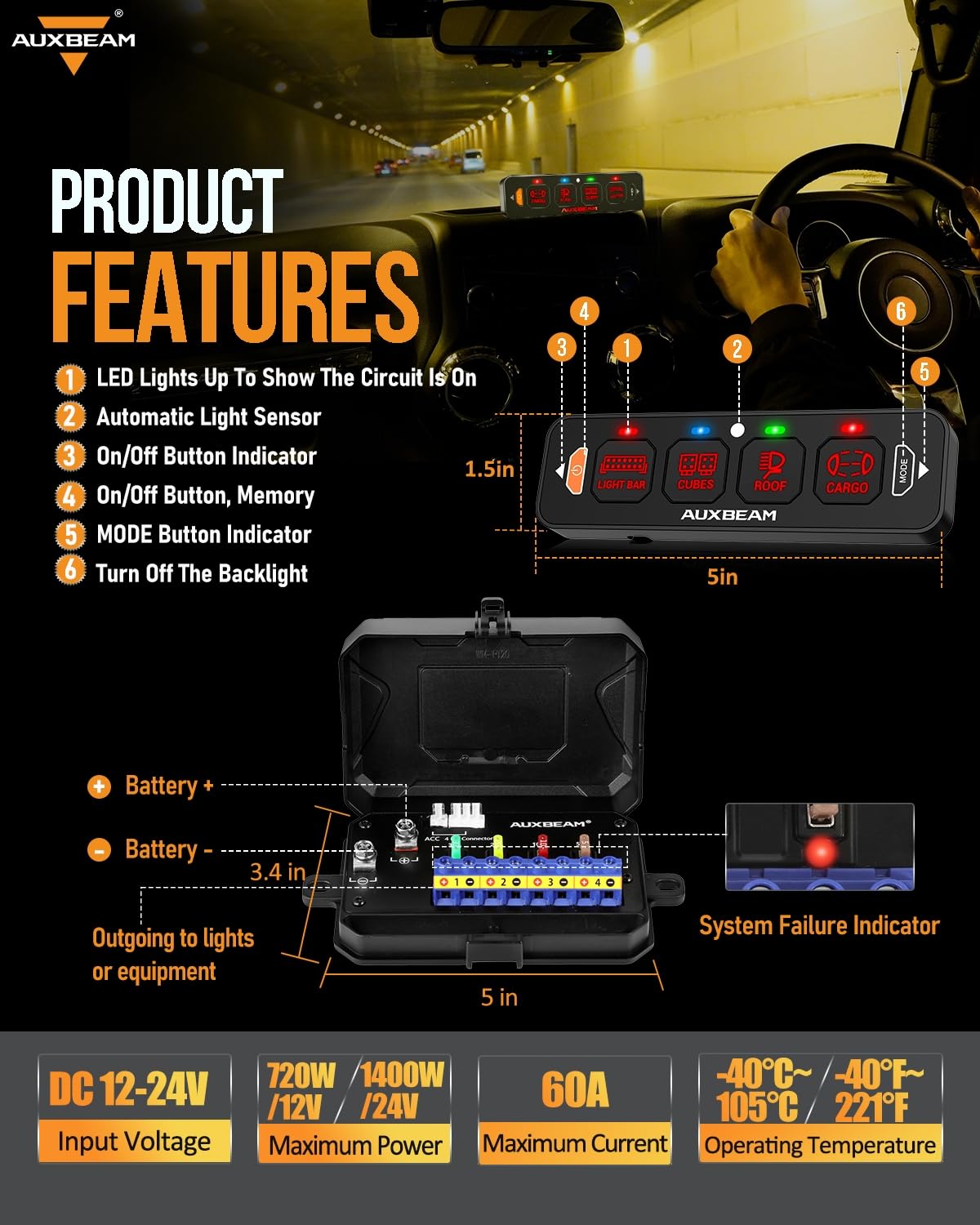 Auxbeam 4 Gang Slim Switch Panel RGB AS-R40 Automatic Dimmable Switch Panel with Toggle Momentary Pulsed LED Control Panel Off Backlight 12-24V for Truck Offroad Car Boat Waterproof, 2-Year Warranty