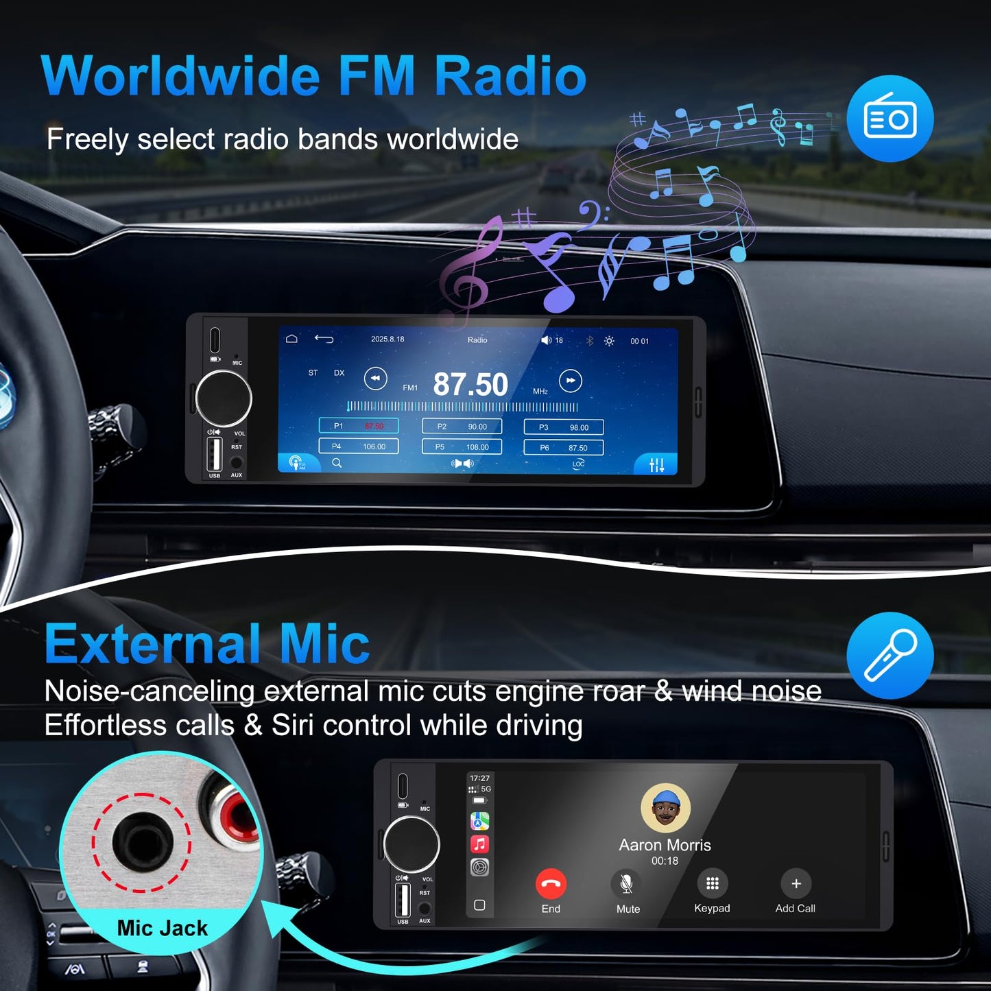Single Din Car Stereo with Apple CarPlay & Android Auto, HD Touch CarPlay Screen, Backup Cam,Bluetooth, USB Type-C, SWC, EQ, FM Radio (with External Mic) (6.36 inch)