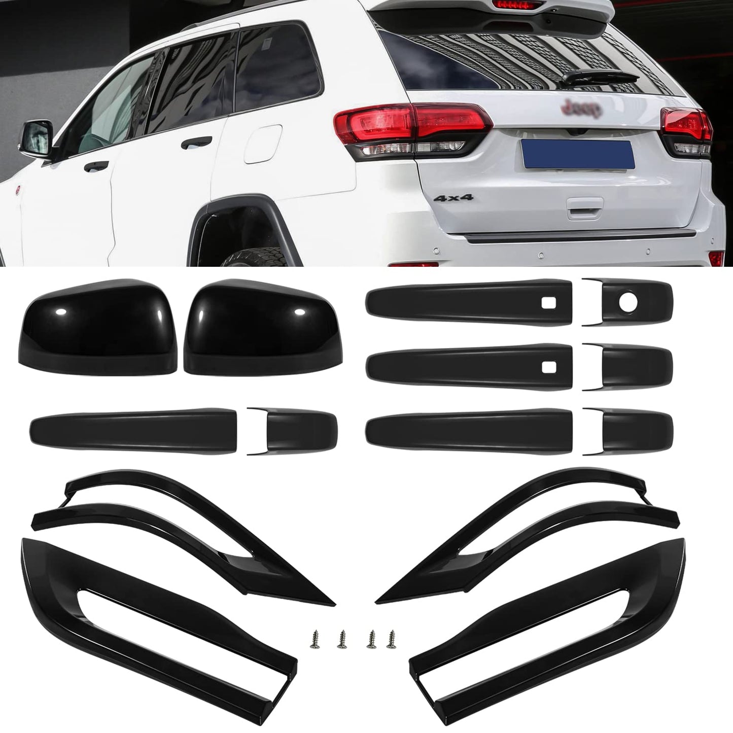 Tail Light Lamp Cover & Mirror Covers & Door Handle Covers Trim Bezel Glossy Cover Trim Exterior Accessories For Jeep Grand Cherokee 2014-2021(Black)