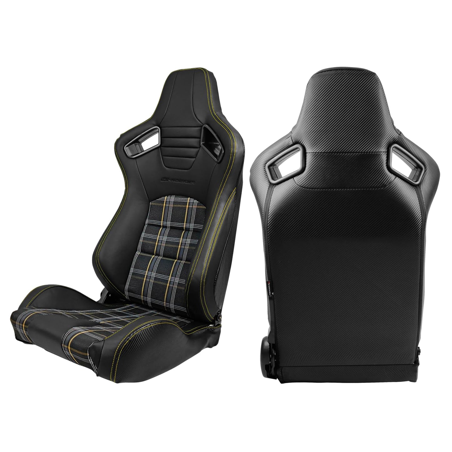 IKON MOTORSPORTS, Universal Racing Seats Pair with Dual Sliders, PU & Yellow Plaid Fabric & Carbon Leather Reclinable Left Right