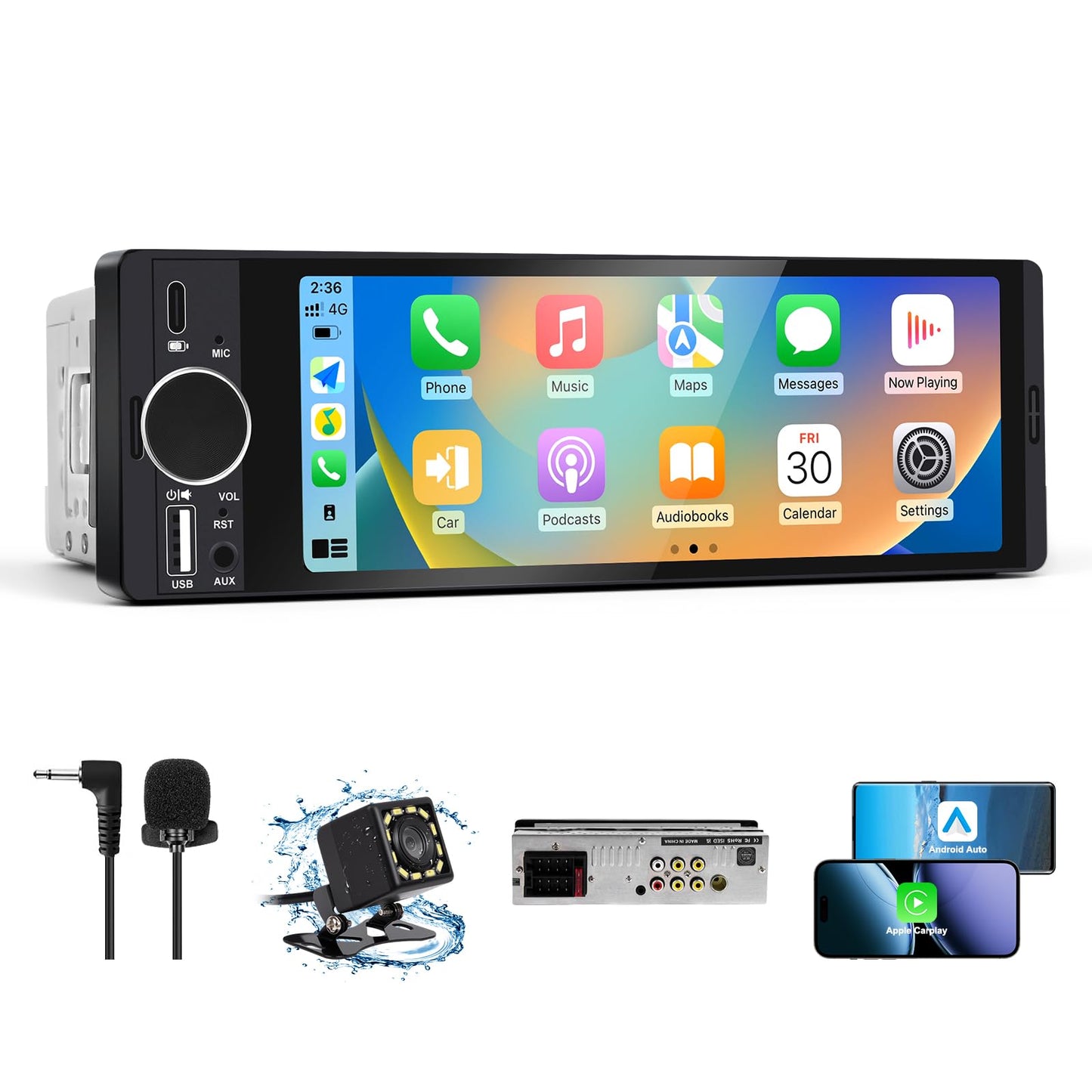 Single Din Car Stereo with Apple CarPlay & Android Auto, HD Touch CarPlay Screen, Backup Cam,Bluetooth, USB Type-C, SWC, EQ, FM Radio (with External Mic) (6.36 inch)