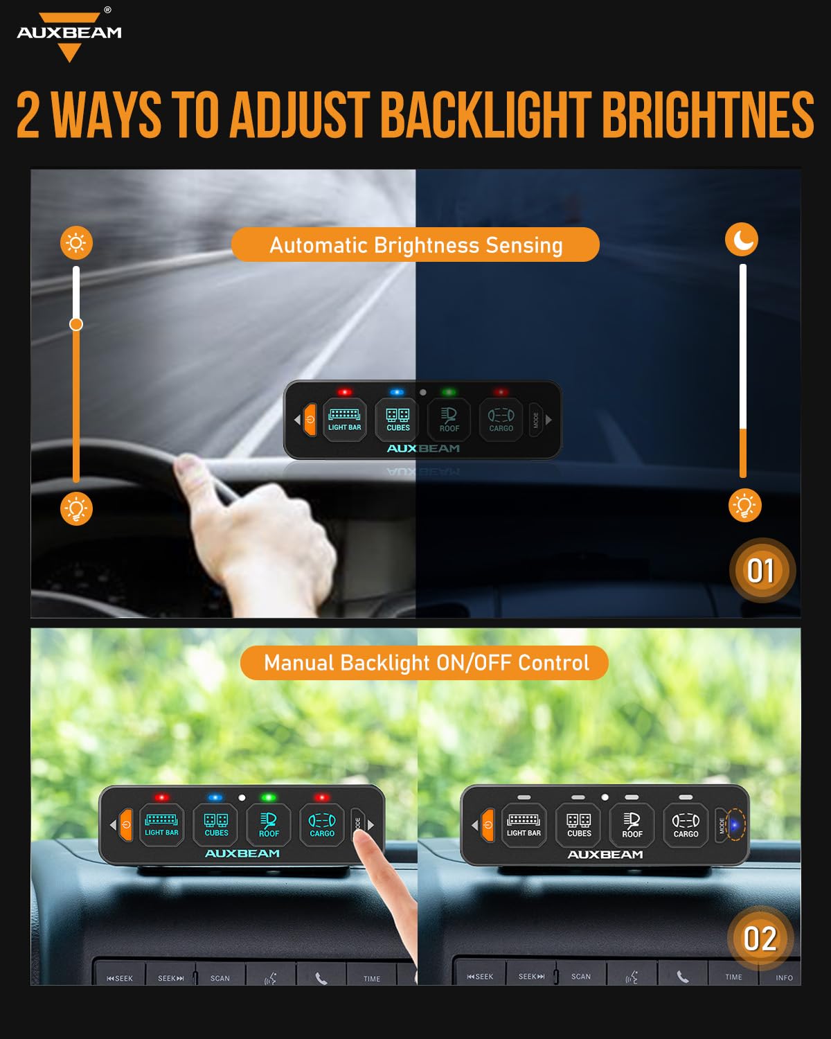 Auxbeam 4 Gang Slim Switch Panel RGB AS-R40 Automatic Dimmable Switch Panel with Toggle Momentary Pulsed LED Control Panel Off Backlight 12-24V for Truck Offroad Car Boat Waterproof, 2-Year Warranty