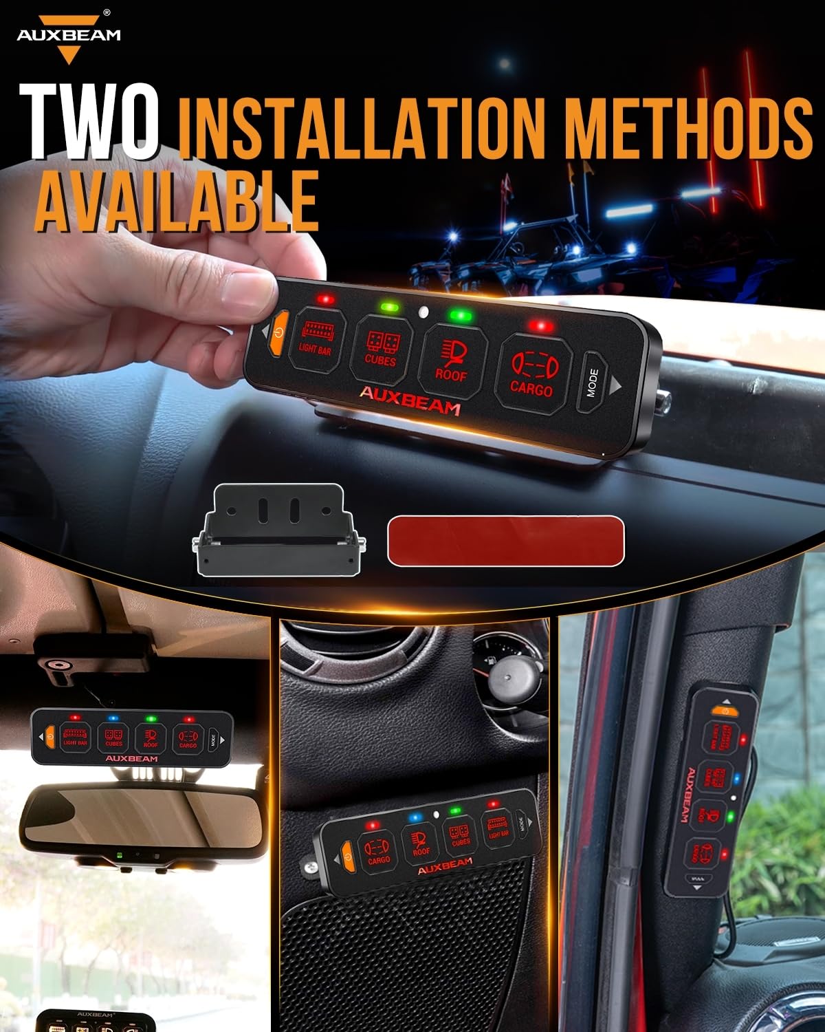 Auxbeam 4 Gang Slim Switch Panel RGB AS-R40 Automatic Dimmable Switch Panel with Toggle Momentary Pulsed LED Control Panel Off Backlight 12-24V for Truck Offroad Car Boat Waterproof, 2-Year Warranty
