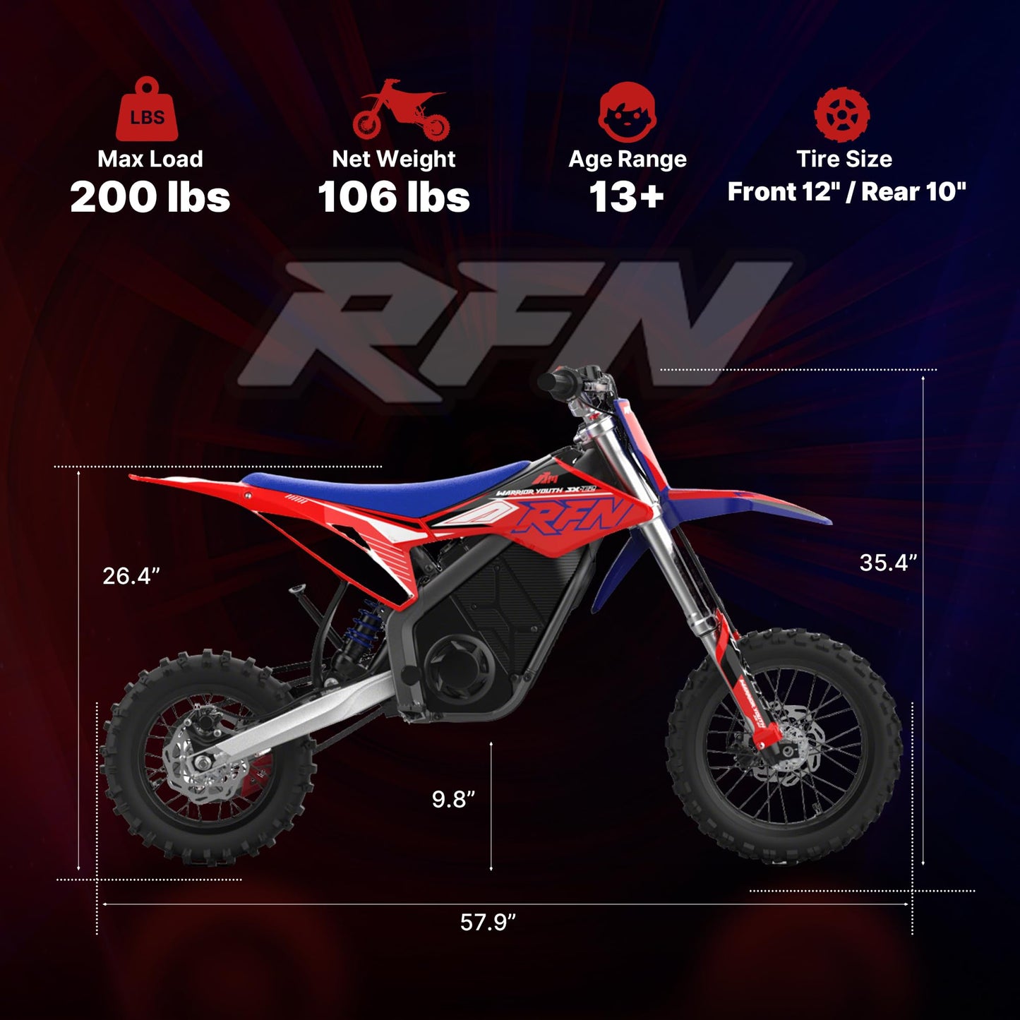 RFN Warrior Youth SX-E2 Electric Dirt Bike for Age 13+, 2000W Peak Motor,31 MPH Top Speed, 3-Speed Modes, 48V 15AH,19 Miles Range,12"/10" F/R Wheels, Dirt Bike with Dual Hydraulic Disc Brakes.