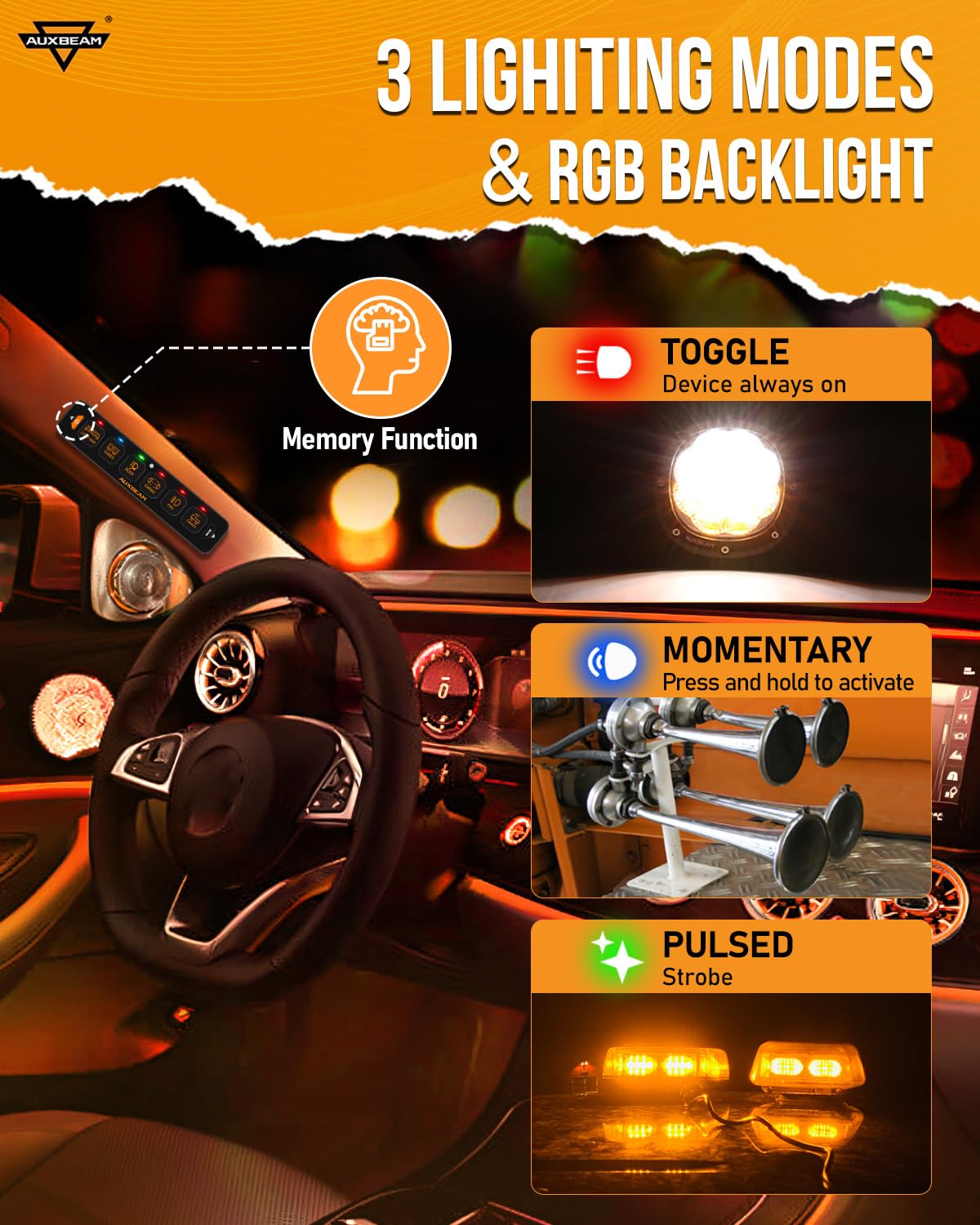 Auxbeam 6 Gang Slim Switch Panel Bluetooth RGB AS-600 with APP&Wireless Remote Control Toggle Momentary Pulsed Dimmable Pod Backlit Off Switch Box for Offroad Truck Waterproof,2-Year Warranty