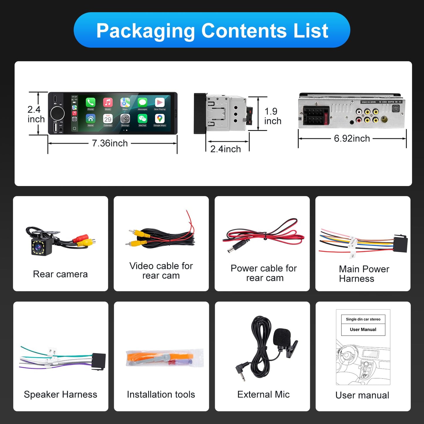 Single Din Car Stereo with Apple CarPlay & Android Auto, HD Touch CarPlay Screen, Backup Cam,Bluetooth, USB Type-C, SWC, EQ, FM Radio (with External Mic) (6.36 inch)
