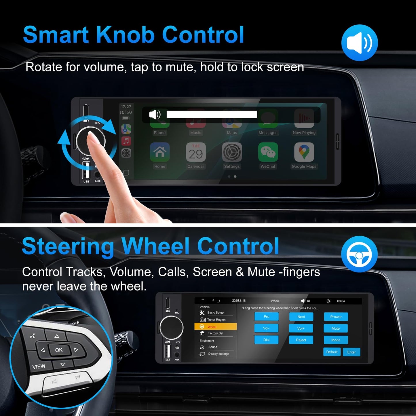 Single Din Car Stereo with Apple CarPlay & Android Auto, HD Touch CarPlay Screen, Backup Cam,Bluetooth, USB Type-C, SWC, EQ, FM Radio (with External Mic) (6.36 inch)