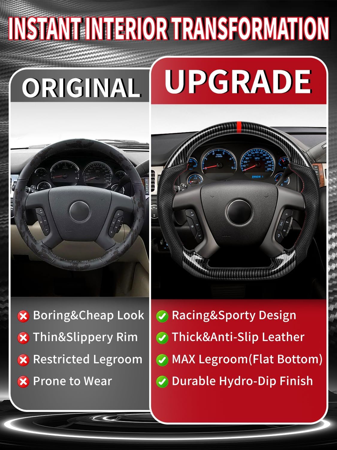 Carbon Fiber Style Steering Wheel for Chevy Silverado 2007-2013 (1500 2500 3500), GMC Sierra Yukon 2007-2014, Tahoe Suburban Avalanche 2007-2014, Hydro-Dip High Gloss Sport Interior Upgrade