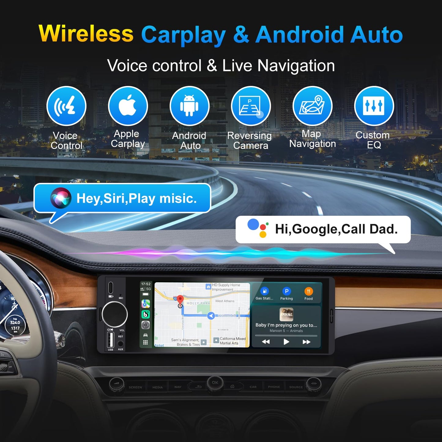 Single Din Car Stereo with Apple CarPlay & Android Auto, HD Touch CarPlay Screen, Backup Cam,Bluetooth, USB Type-C, SWC, EQ, FM Radio (with External Mic) (6.36 inch)
