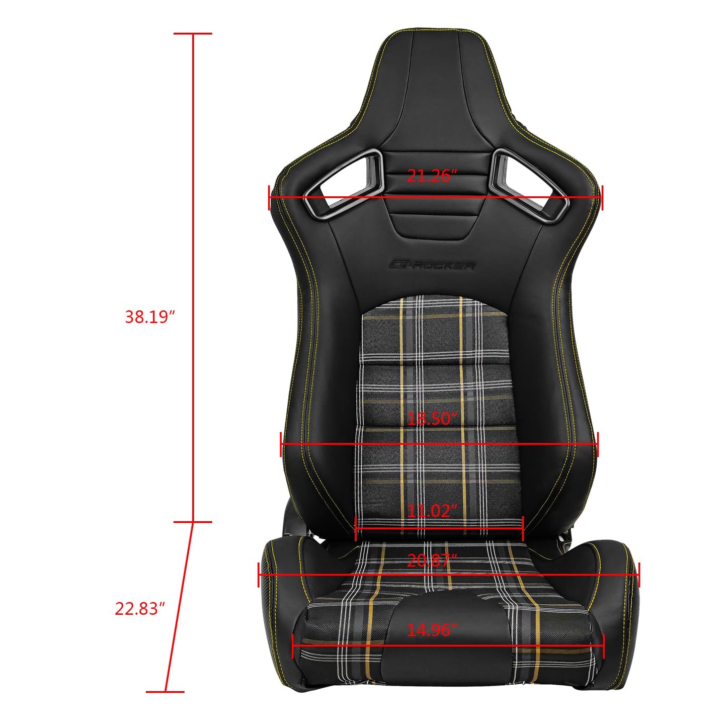 IKON MOTORSPORTS, Universal Racing Seats Pair with Dual Sliders, PU & Yellow Plaid Fabric & Carbon Leather Reclinable Left Right