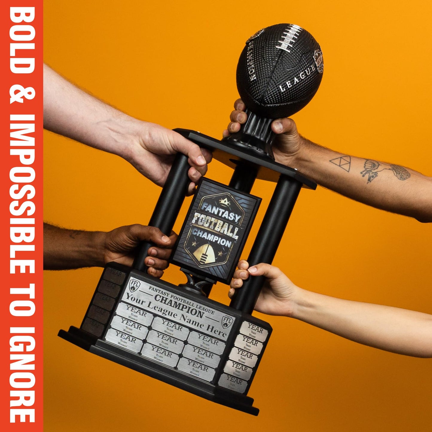 TrophySmack Fantasy Football Trophy - 19-Year Perpetual – 36” Customizable Championship Award with Free Engravings (Black Football | Black Metal Columns)