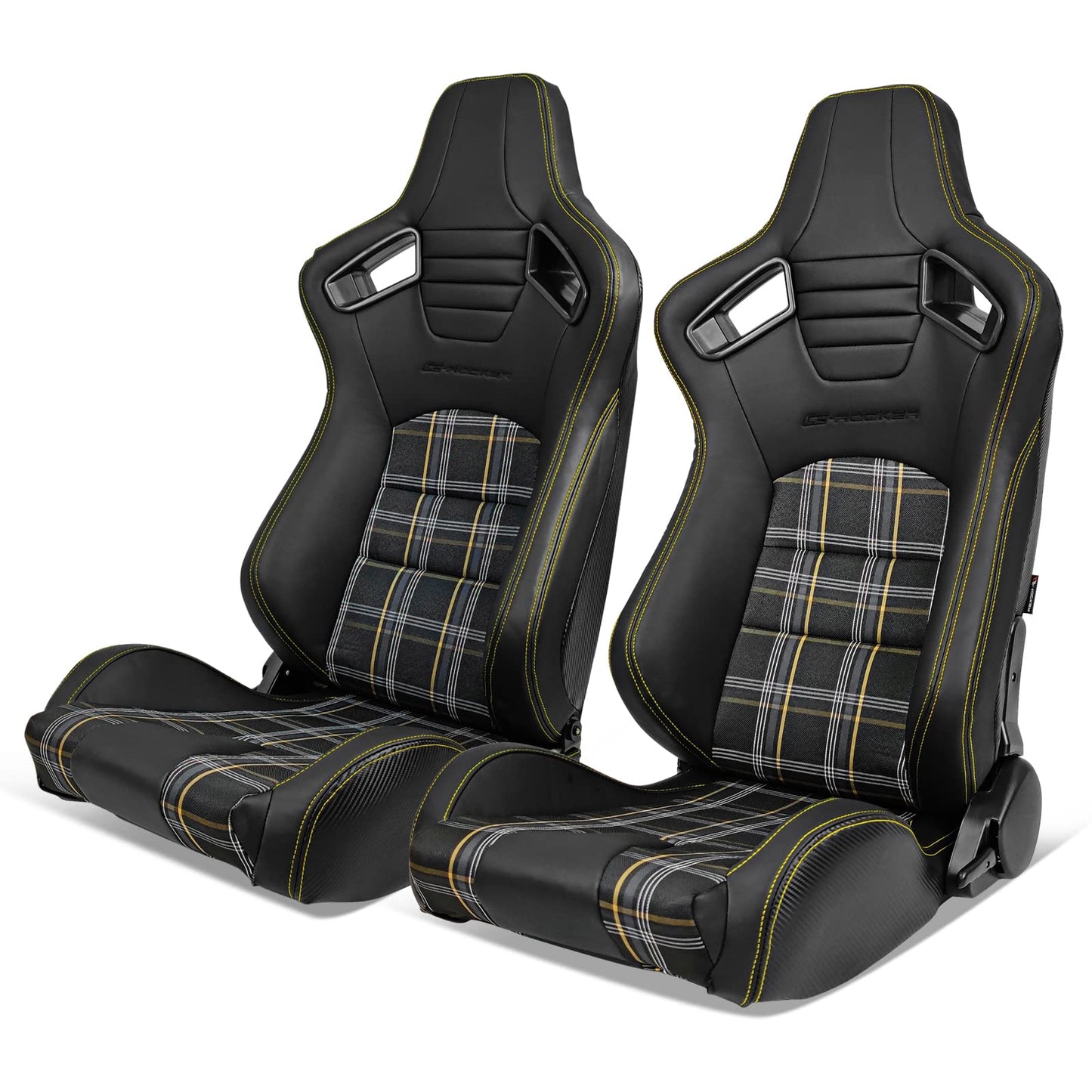 IKON MOTORSPORTS, Universal Racing Seats Pair with Dual Sliders, PU & Yellow Plaid Fabric & Carbon Leather Reclinable Left Right