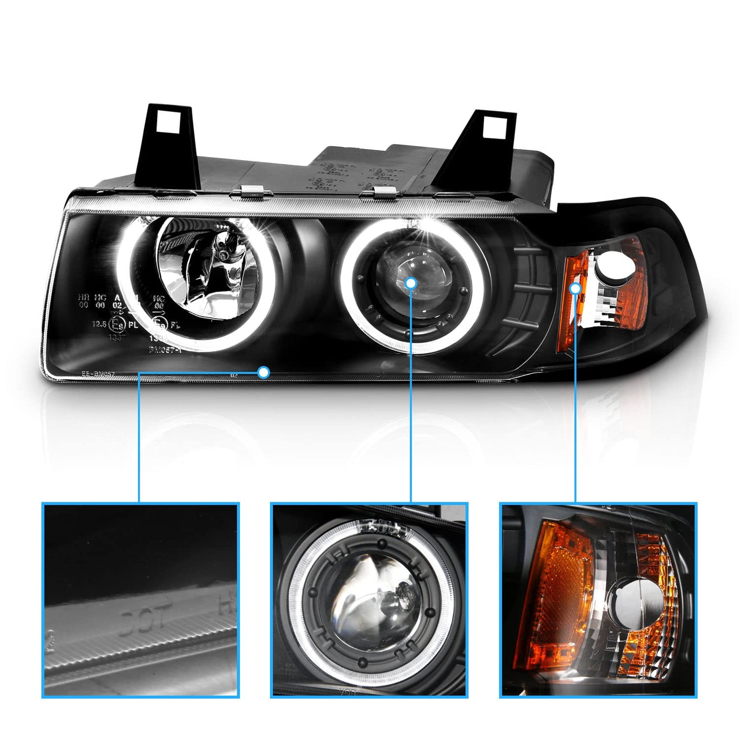 AmeriLite for 1992-1999 BMW 3 Series E36 2-Door Trims 1pc LED Halos Black Projector Headlights Pair - Passenger and Driver Side