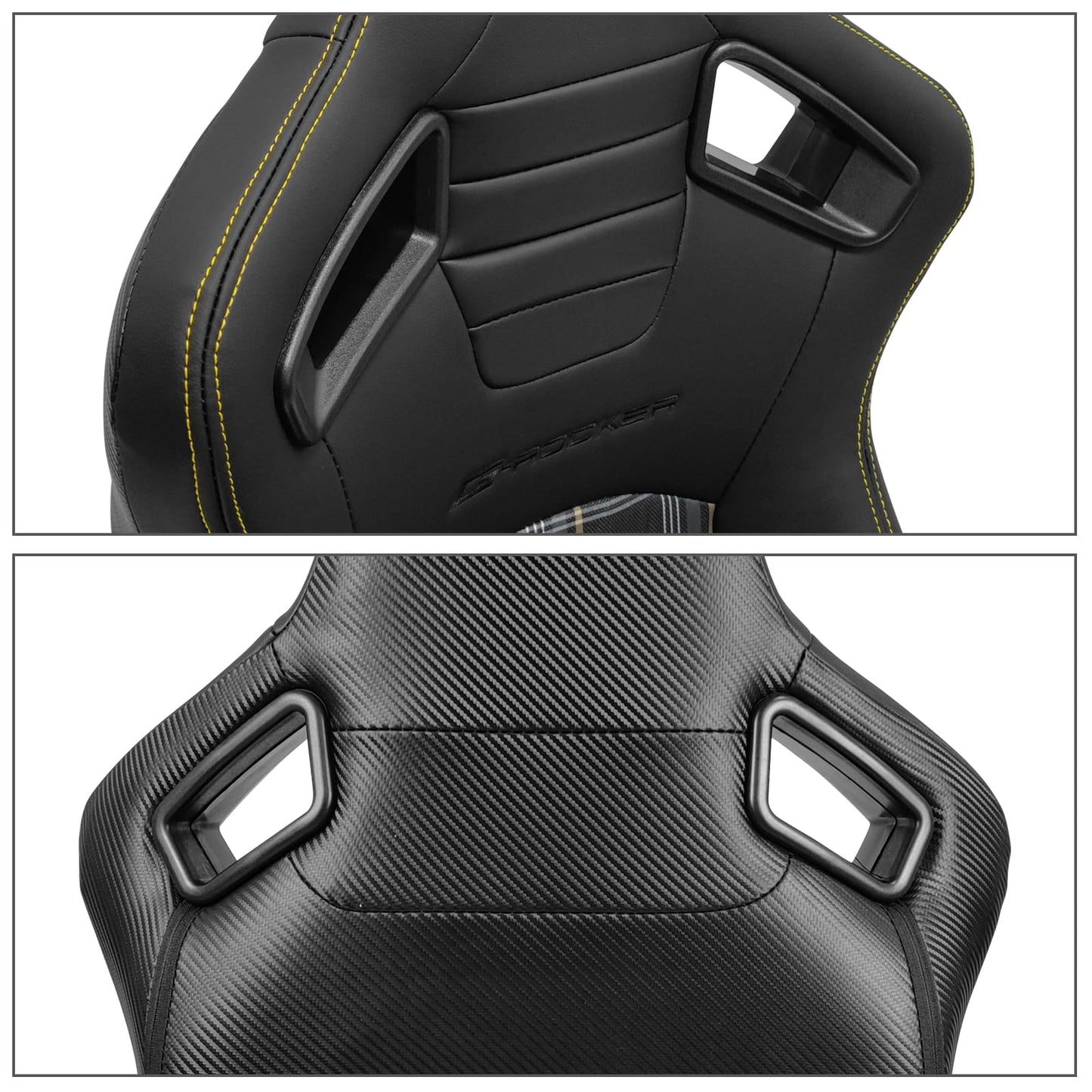 IKON MOTORSPORTS, Universal Racing Seats Pair with Dual Sliders, PU & Yellow Plaid Fabric & Carbon Leather Reclinable Left Right