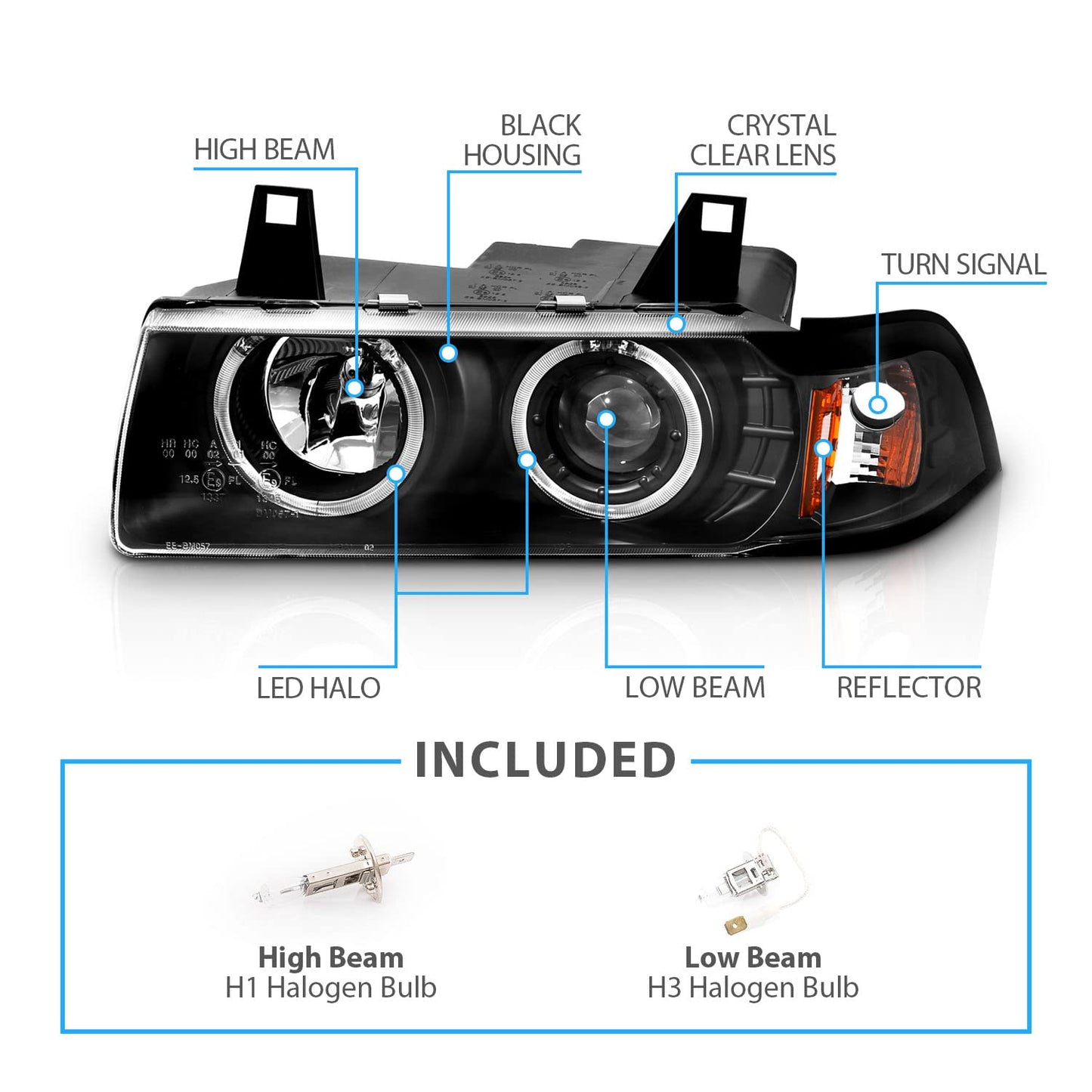 AmeriLite for 1992-1999 BMW 3 Series E36 2-Door Trims 1pc LED Halos Black Projector Headlights Pair - Passenger and Driver Side