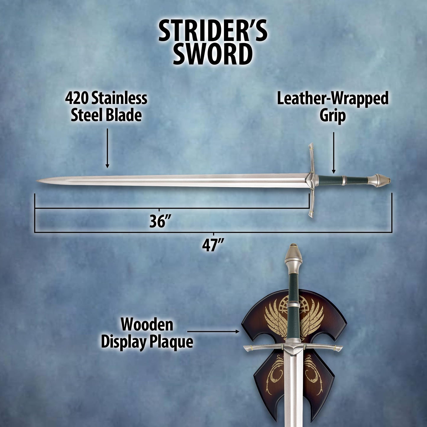 United Cutlery Lord of The Rings Sword of Strider | Officially Licensed Replica & Collectible | 47" Overall Length | 36" Stainless Steel Blade