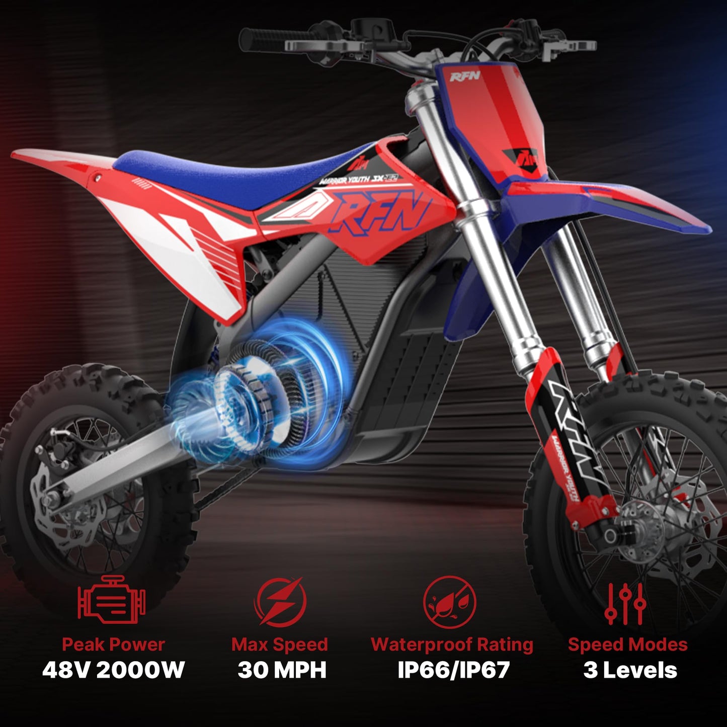 RFN Warrior Youth SX-E2 Electric Dirt Bike for Age 13+, 2000W Peak Motor,31 MPH Top Speed, 3-Speed Modes, 48V 15AH,19 Miles Range,12"/10" F/R Wheels, Dirt Bike with Dual Hydraulic Disc Brakes.