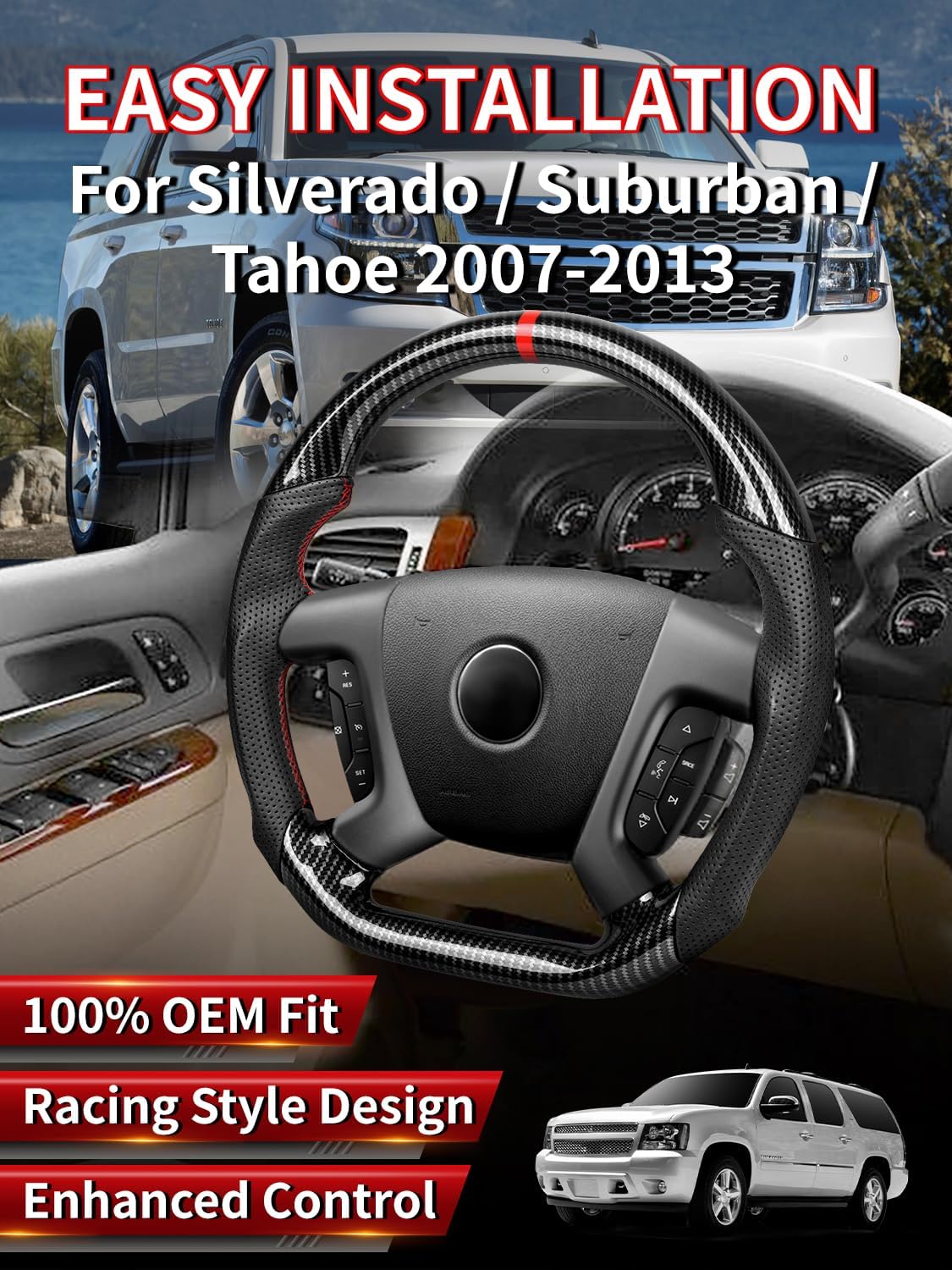 Carbon Fiber Style Steering Wheel for Chevy Silverado 2007-2013 (1500 2500 3500), GMC Sierra Yukon 2007-2014, Tahoe Suburban Avalanche 2007-2014, Hydro-Dip High Gloss Sport Interior Upgrade